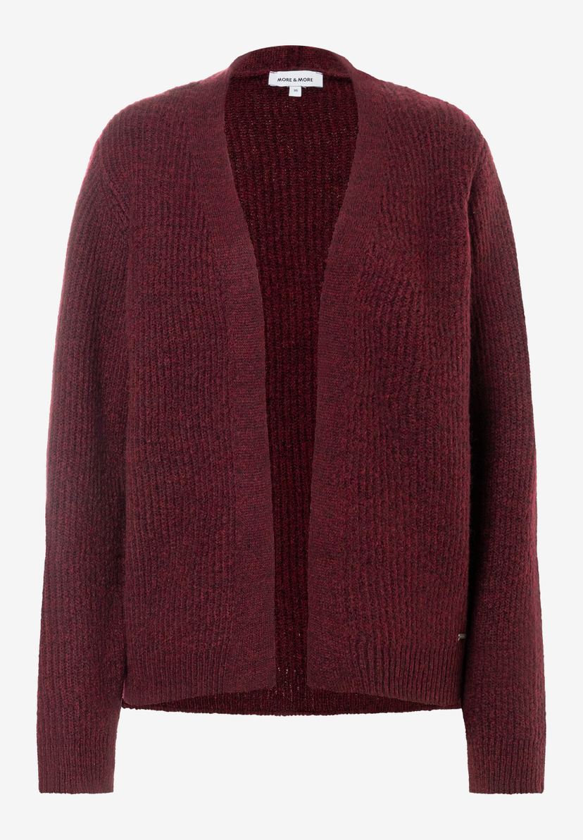MORE & MORE burgunderroter Strickpullover mit offener Vorderseite, aus geripptem Strick.