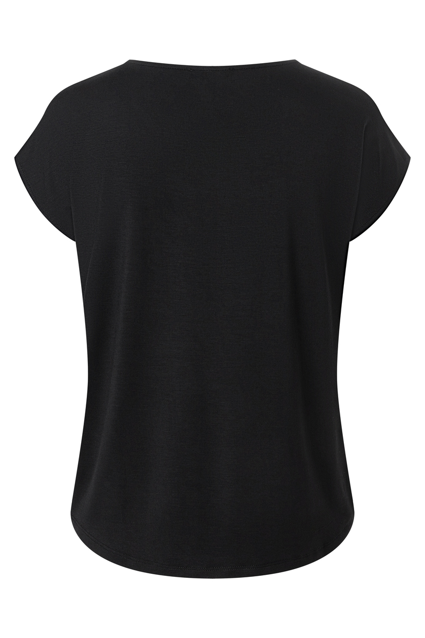 Schwarzes MORE & MORE T-Shirt/Top aus Jersey-Satin-Materialmix mit seidigem Glanz und angenehmen Tragekomfort. Schwarzes MORE & MORE T-Shirt/Top aus Jersey-Satin-Materialmix mit seidigem Glanz und angenehmen Tragekomfort.