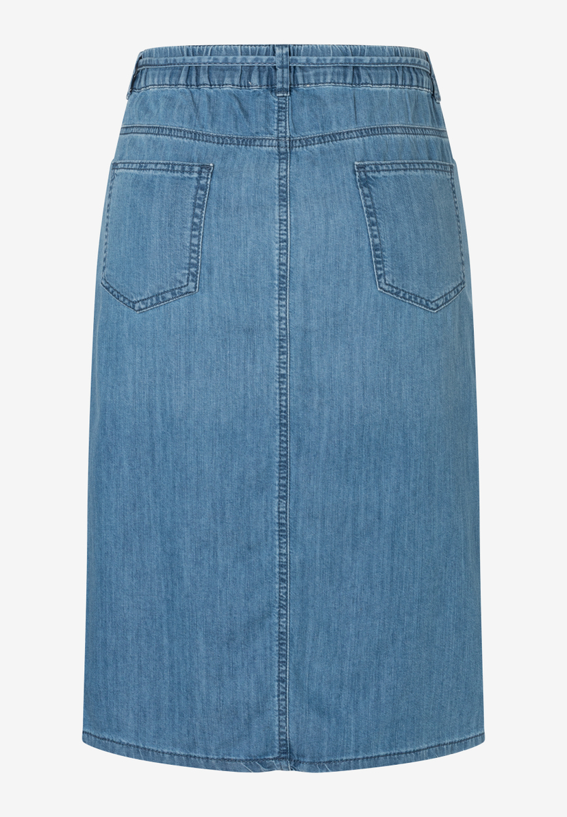 MORE & MORE Damen-Denimrock in Hellblau mit Gummizugbund und Gesäßtaschen. Elegante Midi-Länge für vielseitige Looks. MORE & MORE Damen-Denimrock in Hellblau mit Gummizugbund und Gesäßtaschen. Elegante Midi-Länge für vielseitige Looks.
