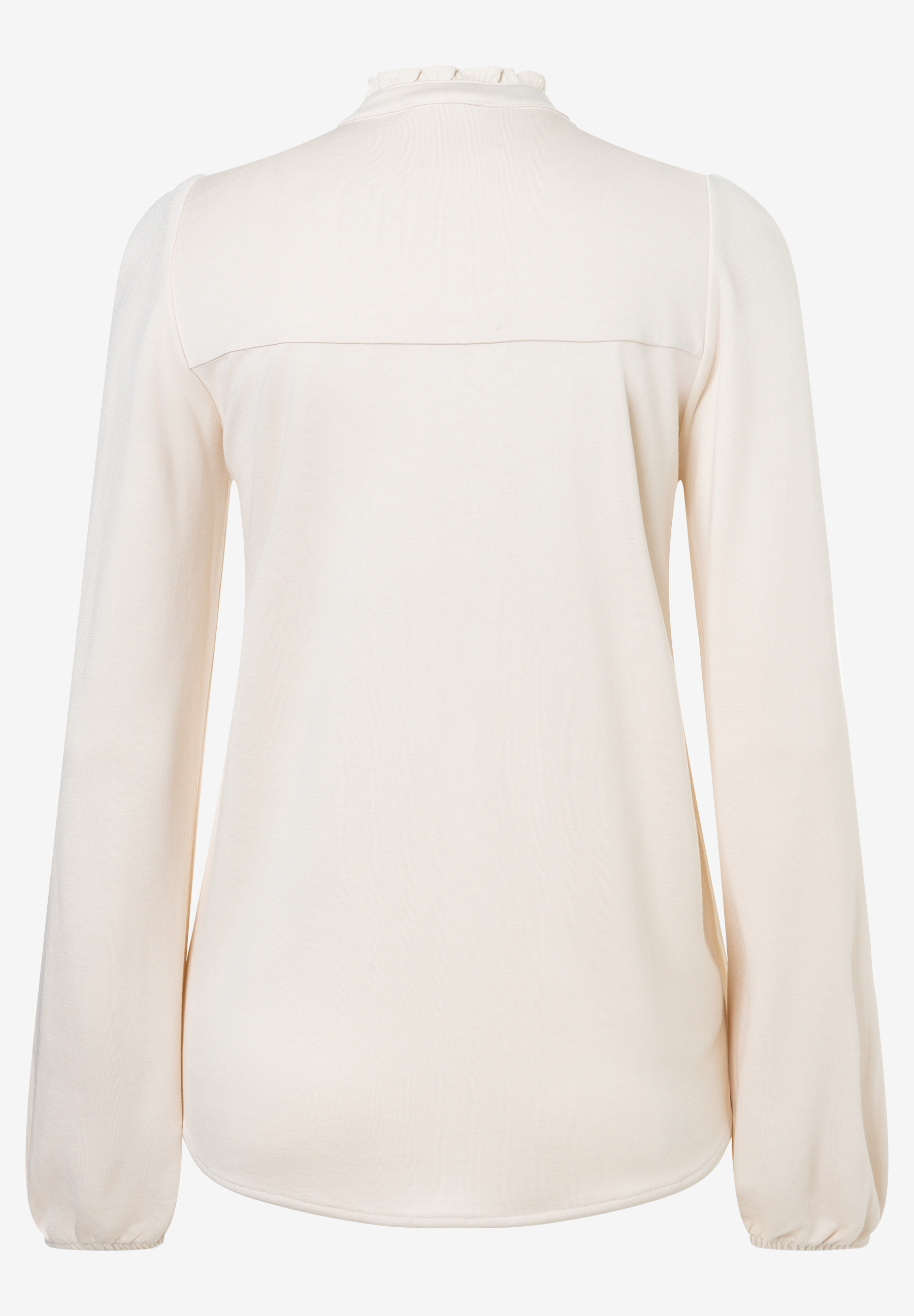 MORE & MORE Bluse: elegante, cremefarbene Langarmbluse mit Rüschenkragen und lockeren Ärmeln, ideal für stilvolle Outfits.
