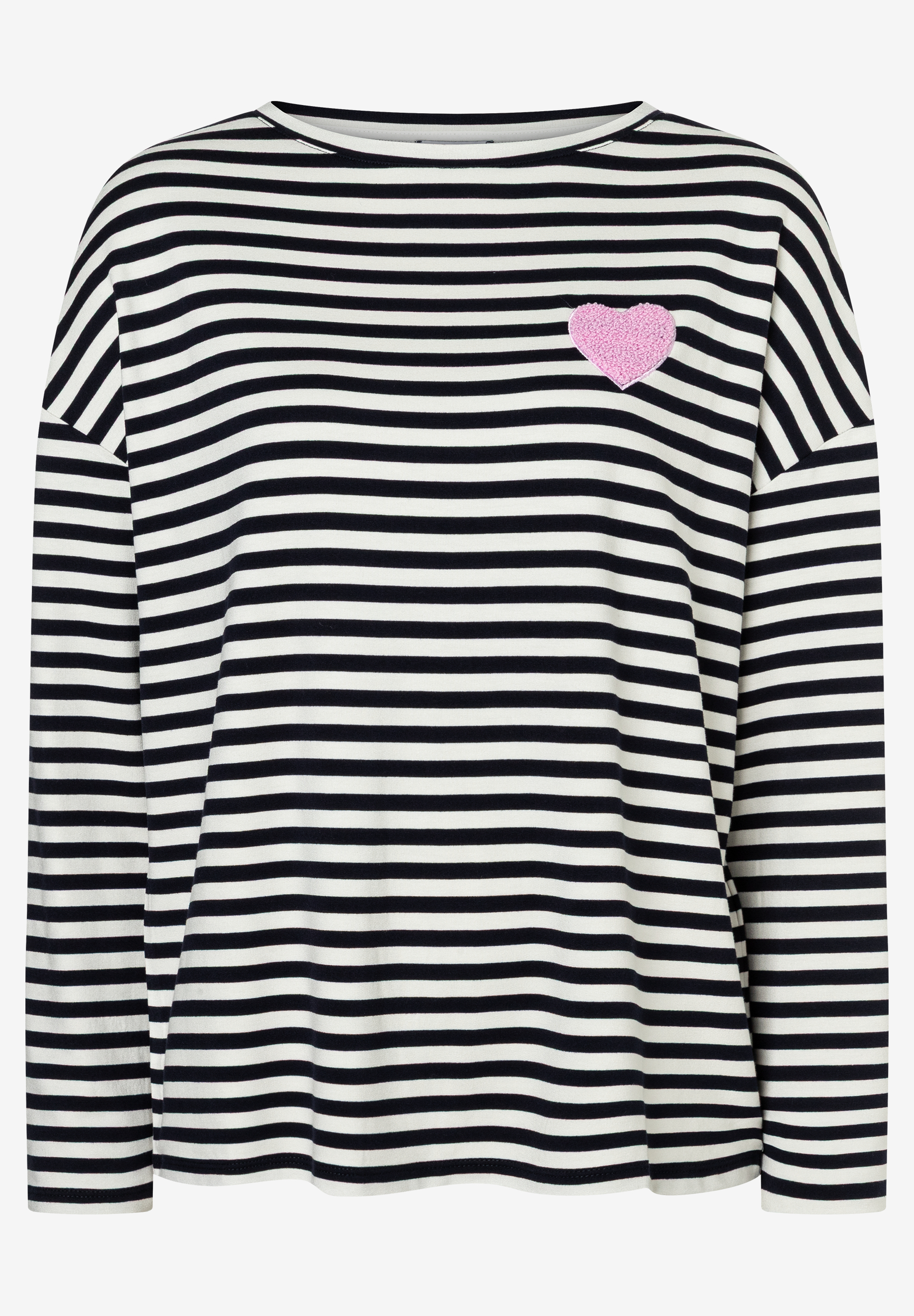 Ein gestreiftes MORE & MORE T-Shirt mit einem rosa Herz auf der rechten Brust. Ein gestreiftes MORE & MORE T-Shirt mit einem rosa Herz auf der rechten Brust.