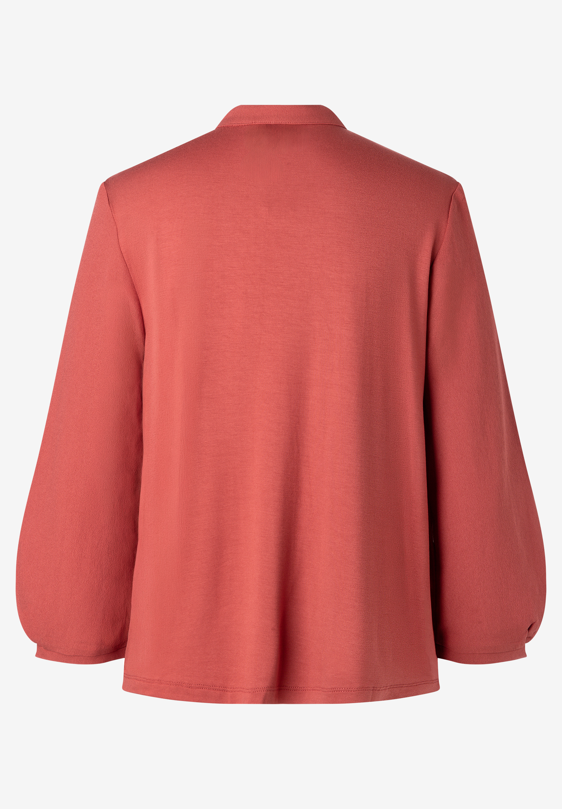 MORE & MORE Bluse in Koralle mit weitem Schnitt, Stehkragen und langen Ärmeln. Rückansicht. MORE & MORE Bluse in Koralle mit weitem Schnitt, Stehkragen und langen Ärmeln. Rückansicht.