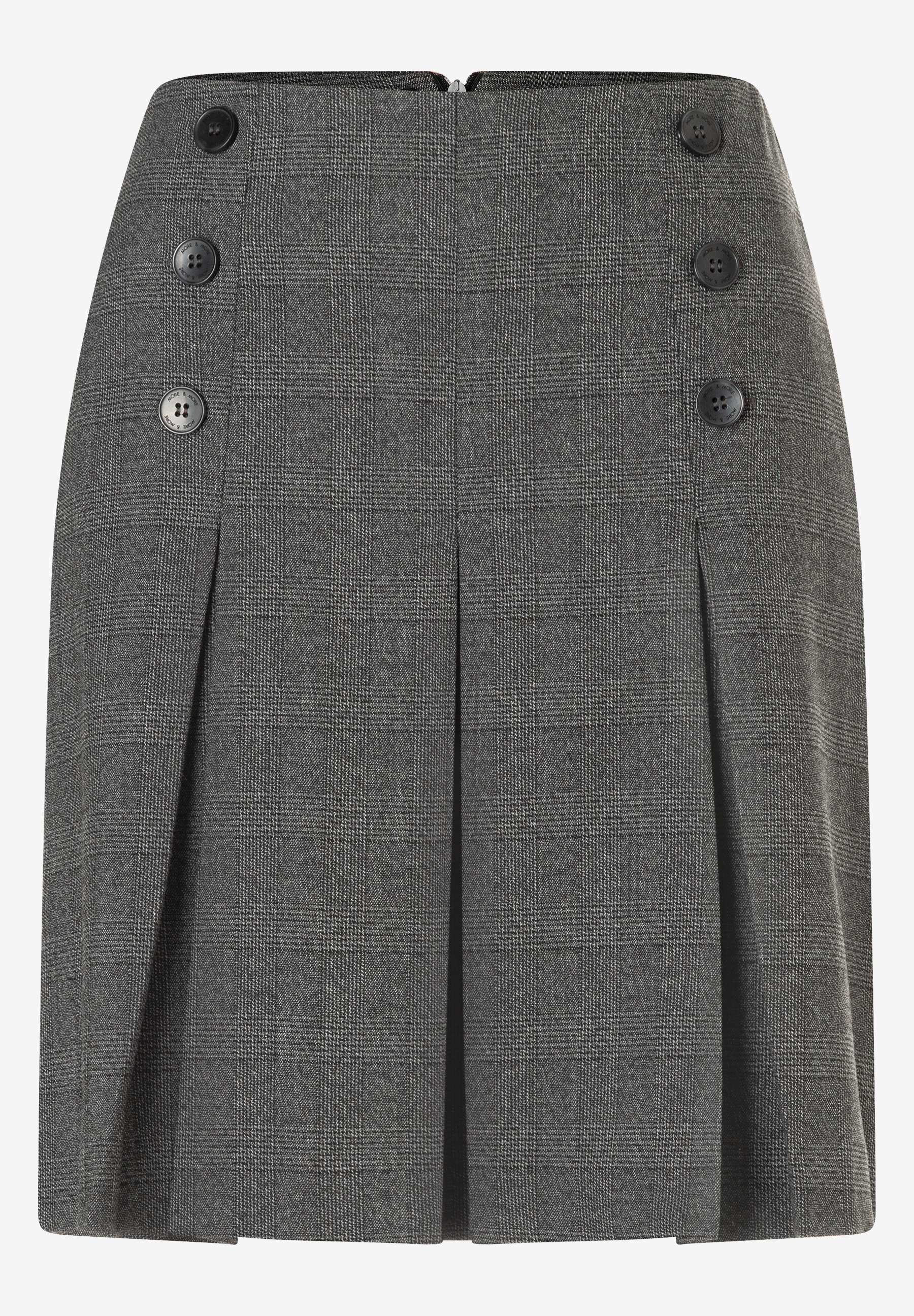 Der Rock von MORE & MORE ist grau kariert und hat Zierknöpfe. Der Rock von MORE & MORE ist grau kariert und hat Zierknöpfe.