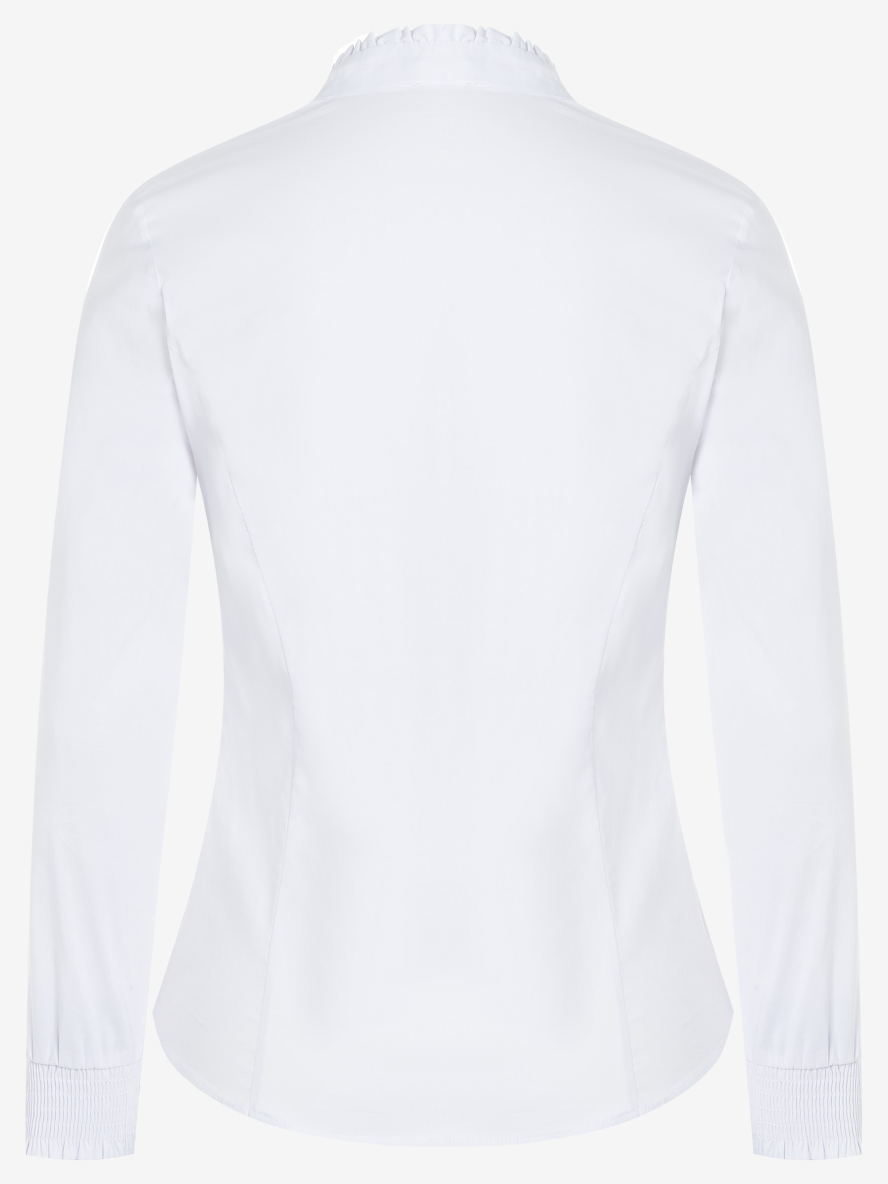 Die weiße MORE & MORE Bluse aus Baumwollmischung hat lange Ärmel mit Stretch und einen Rüschenkragen. Die weiße MORE & MORE Bluse aus Baumwollmischung hat lange Ärmel mit Stretch und einen Rüschenkragen.
