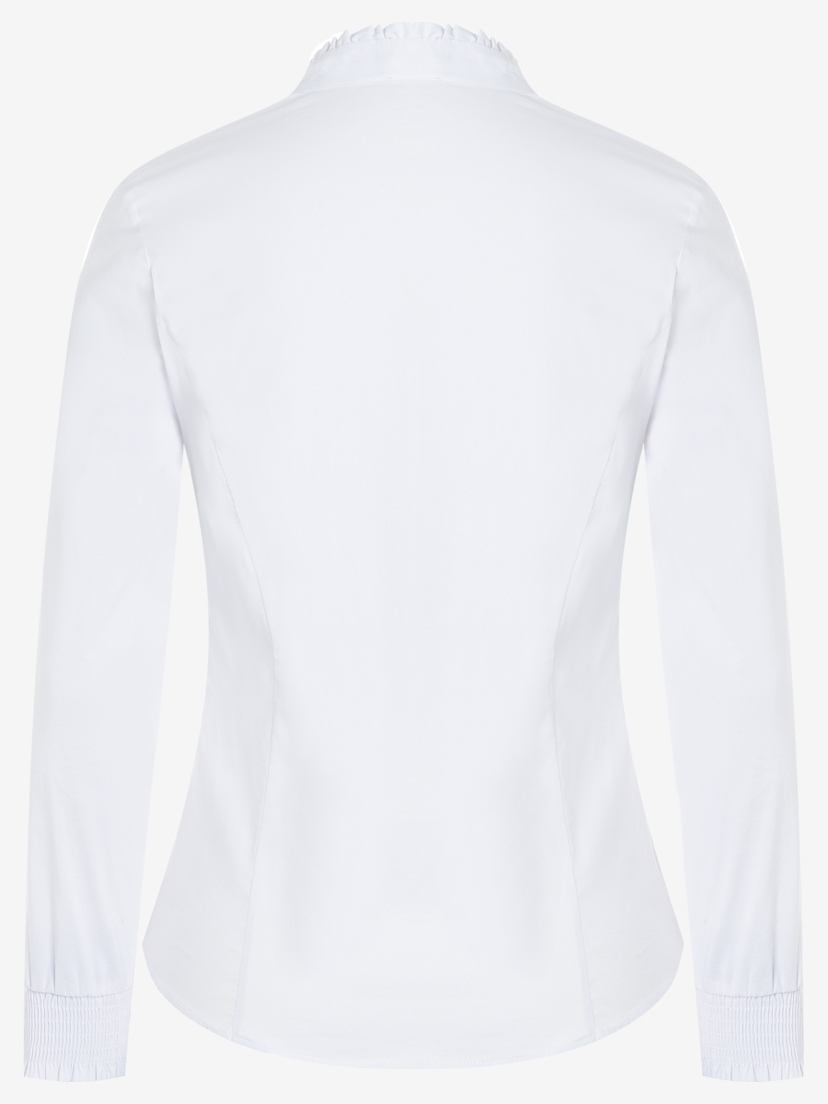 Die weiße MORE & MORE Bluse aus Baumwollmischung hat lange Ärmel mit Stretch und einen Rüschenkragen. Die weiße MORE & MORE Bluse aus Baumwollmischung hat lange Ärmel mit Stretch und einen Rüschenkragen.