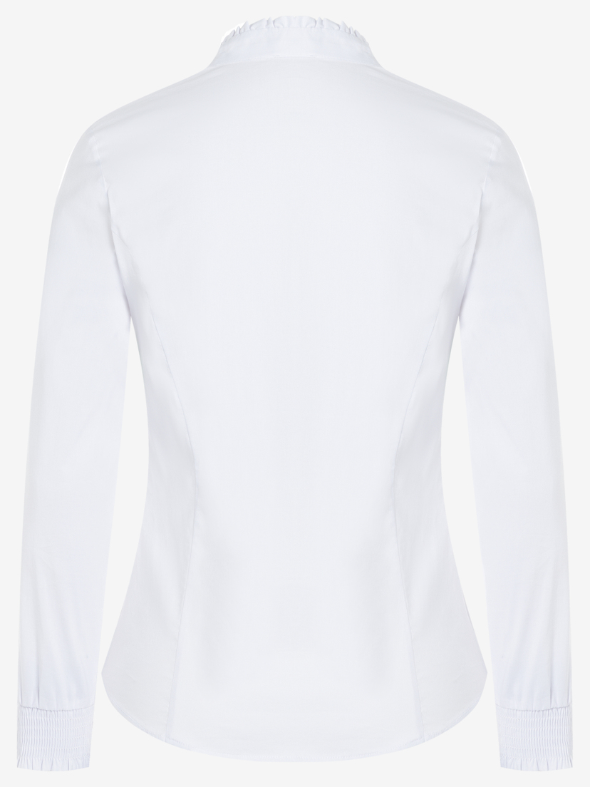 Die weiße MORE & MORE Bluse aus Baumwollmischung hat lange Ärmel mit Stretch und einen Rüschenkragen. Die weiße MORE & MORE Bluse aus Baumwollmischung hat lange Ärmel mit Stretch und einen Rüschenkragen.
