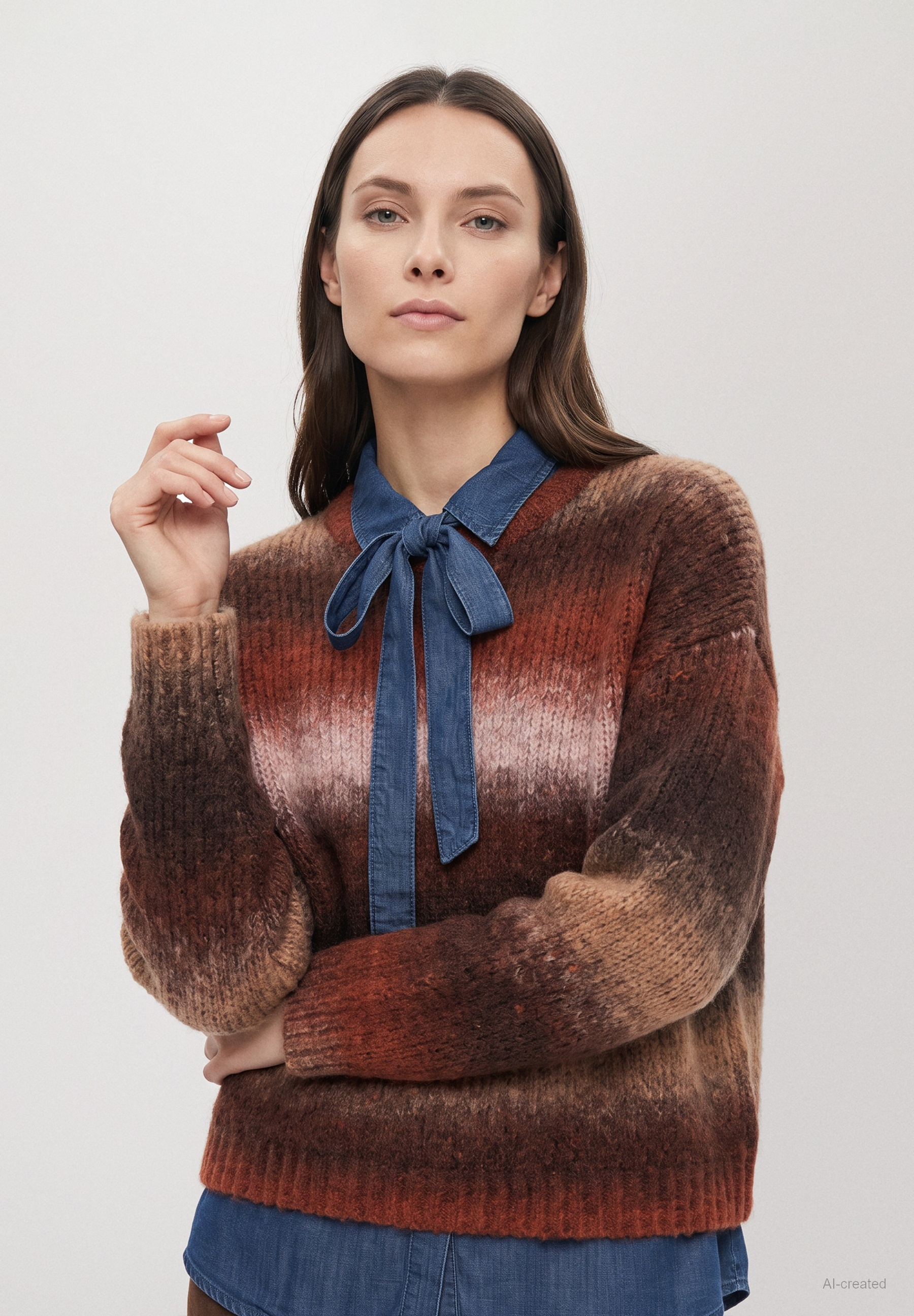MORE & MORE Pullover: Eine Frau trägt einen mehrfarbigen Pullover über einem Jeanshemd mit einer Schleife am Hals.