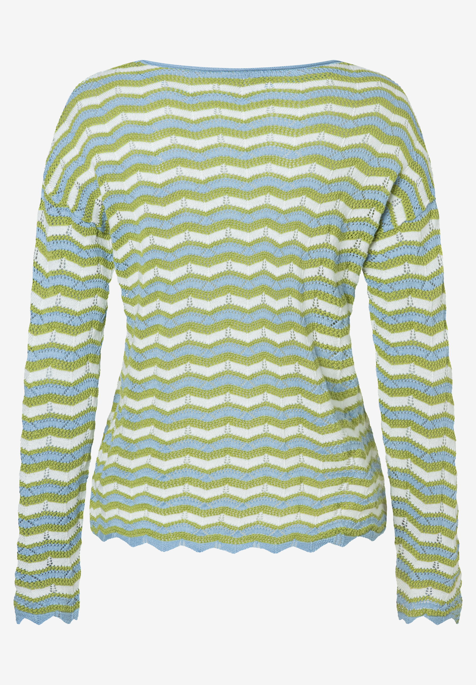 Ein MORE & MORE Lochstrick-Pullover mit blau-grün-weißem Zickzackmuster. Ein MORE & MORE Lochstrick-Pullover mit blau-grün-weißem Zickzackmuster.