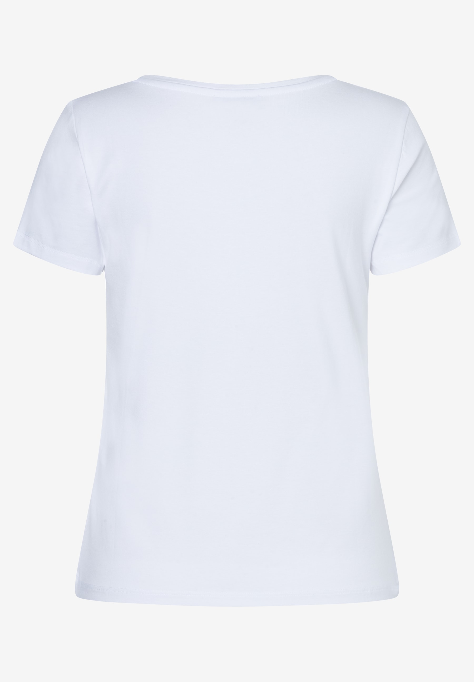 Ein weißes T-Shirt von MORE & MORE, aus Jersey und mit kurzem Arm, liegt auf hellem Grund. Ein weißes T-Shirt von MORE & MORE, aus Jersey und mit kurzem Arm, liegt auf hellem Grund.