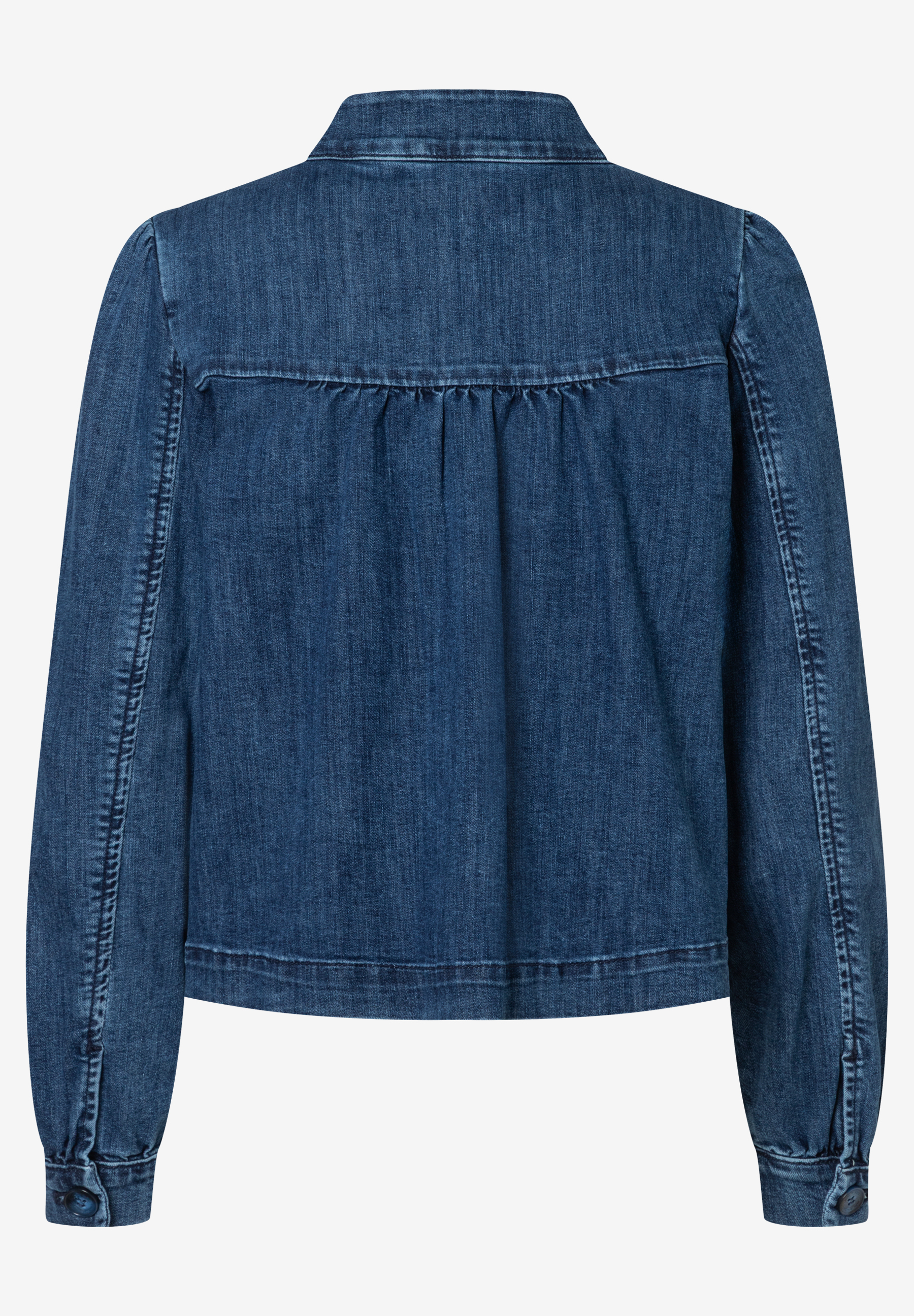 Eine MORE & MORE Jacke aus Denim mit langen Ärmeln und Knopfleiste von hinten. Eine MORE & MORE Jacke aus Denim mit langen Ärmeln und Knopfleiste von hinten.