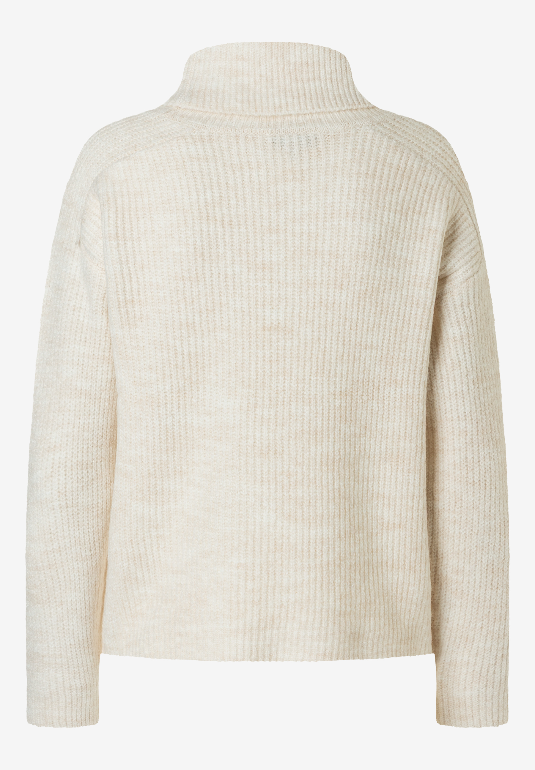 Rückansicht eines MORE & MORE Rippstrick-Pullovers mit Rollkragen in Creme für angenehmen Tragekomfort und Wärme. Rückansicht eines MORE & MORE Rippstrick-Pullovers mit Rollkragen in Creme für angenehmen Tragekomfort und Wärme.
