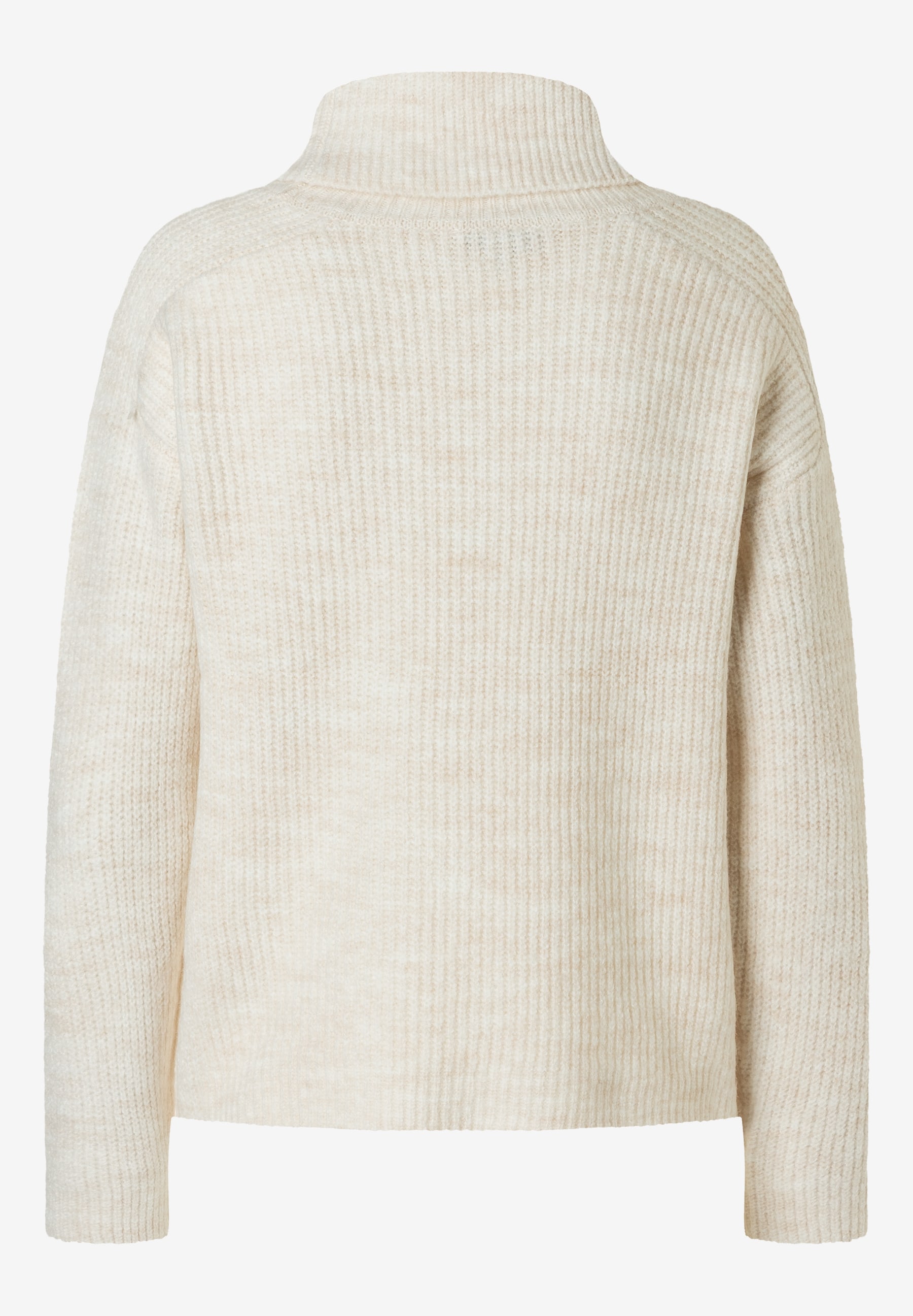 Rückansicht eines MORE & MORE Rippstrick-Pullovers mit Rollkragen in Creme für angenehmen Tragekomfort und Wärme. Rückansicht eines MORE & MORE Rippstrick-Pullovers mit Rollkragen in Creme für angenehmen Tragekomfort und Wärme.