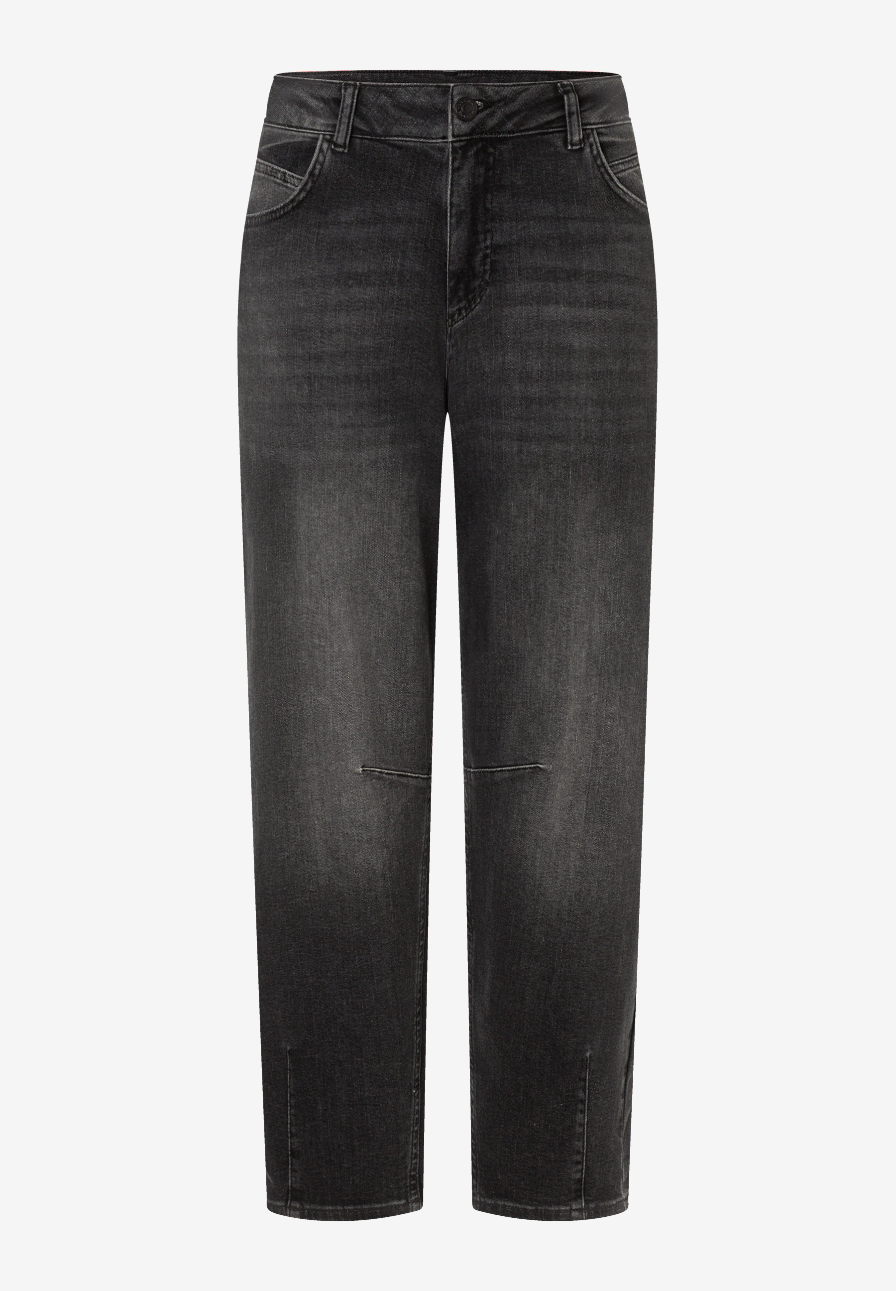 MORE & MORE Jeans: Schwarze Denim-Hose im Five-Pocket-Stil mit geradem Bein, leichtem Used-Effekt & kleinen Schlitzen.