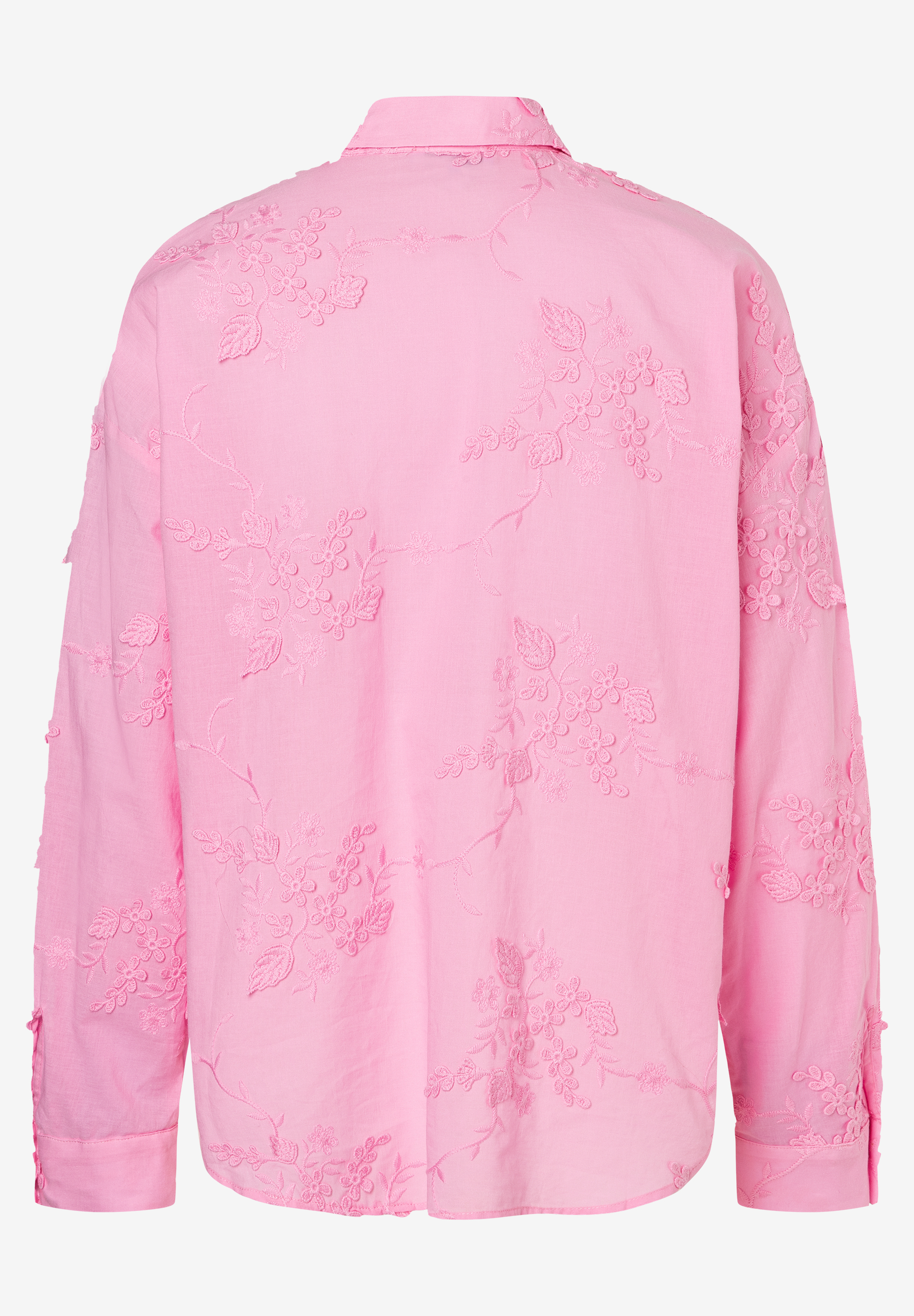 Rückansicht einer MORE & MORE Bluse in Pink mit floraler Stickerei. Rückansicht einer MORE & MORE Bluse in Pink mit floraler Stickerei.