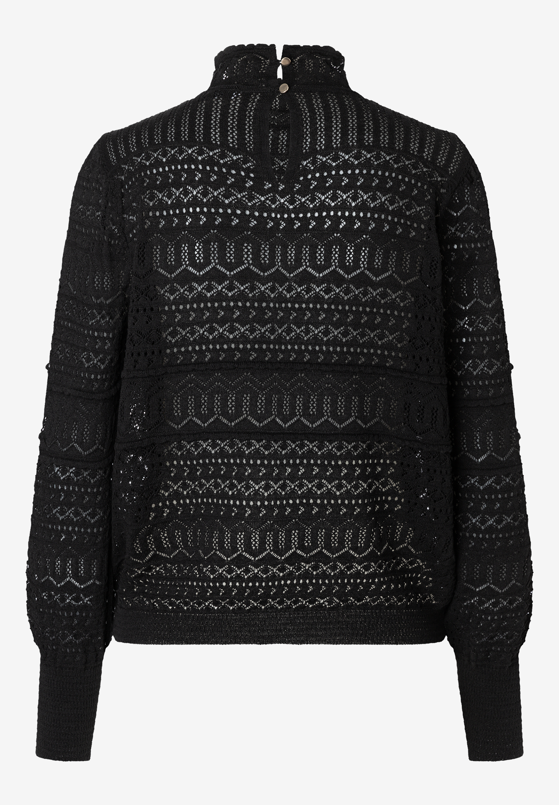 MORE & MORE schwarzer Feinstrickpullover mit Stehkragen und goldfarbenen Knöpfen am Nacken, Lochmuster.