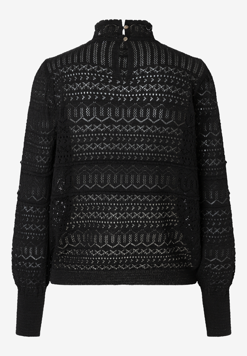MORE & MORE schwarzer Feinstrickpullover mit Stehkragen und goldfarbenen Knöpfen am Nacken, Lochmuster.