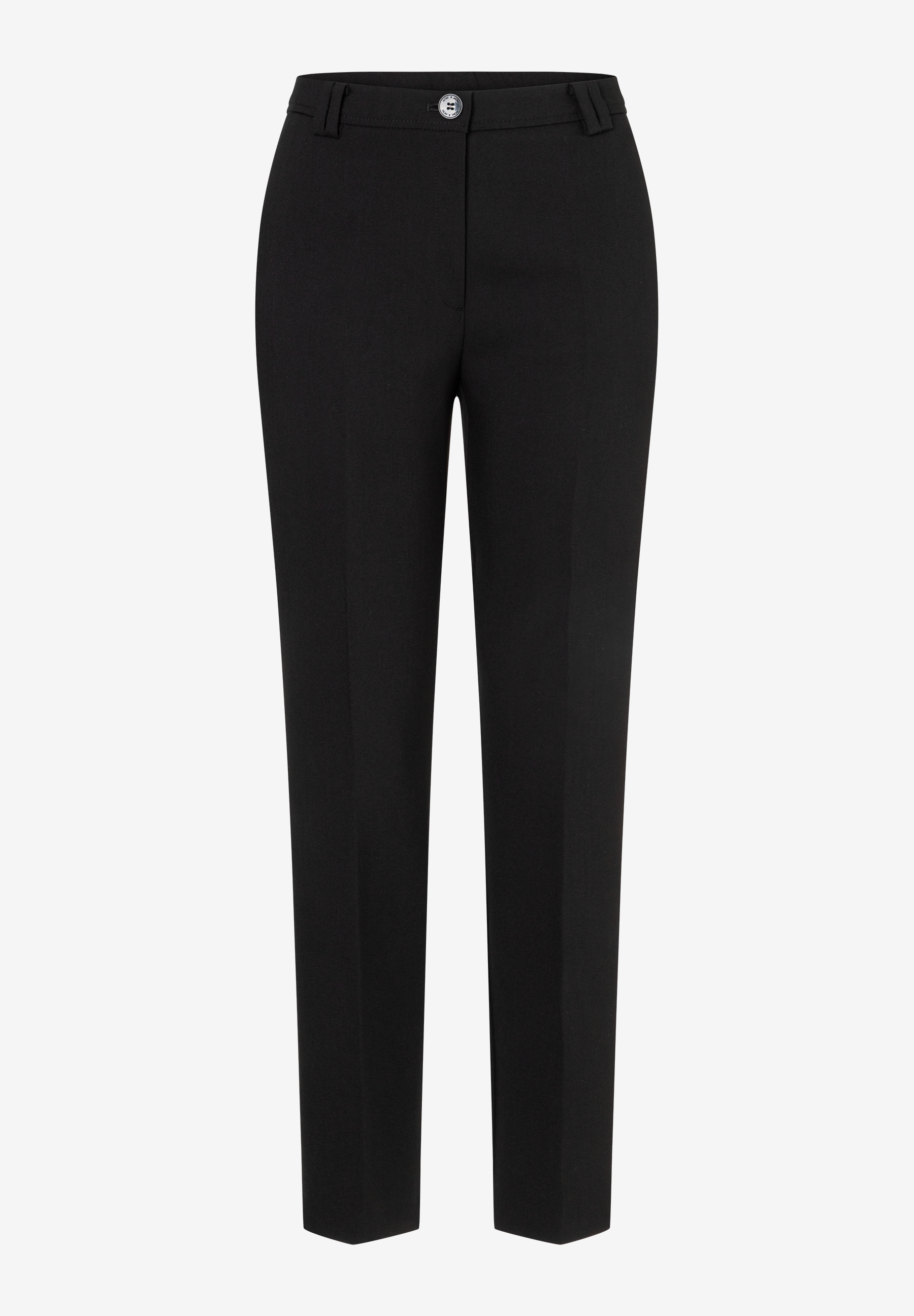 MORE & MORE schwarze Business-Hose mit Knopf und Reißverschluss, gerade geschnitten, auf weißem Hintergrund.