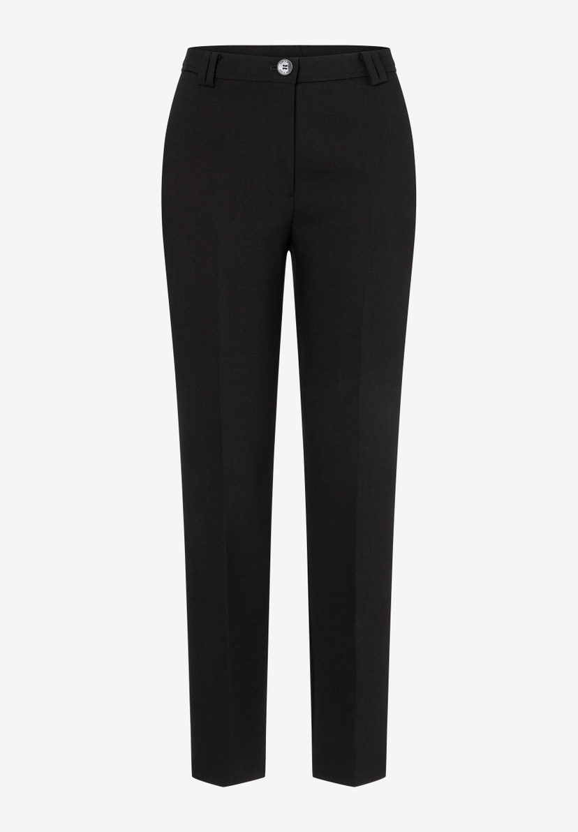 MORE & MORE schwarze Business-Hose mit Knopf und Reißverschluss, gerade geschnitten, auf weißem Hintergrund.