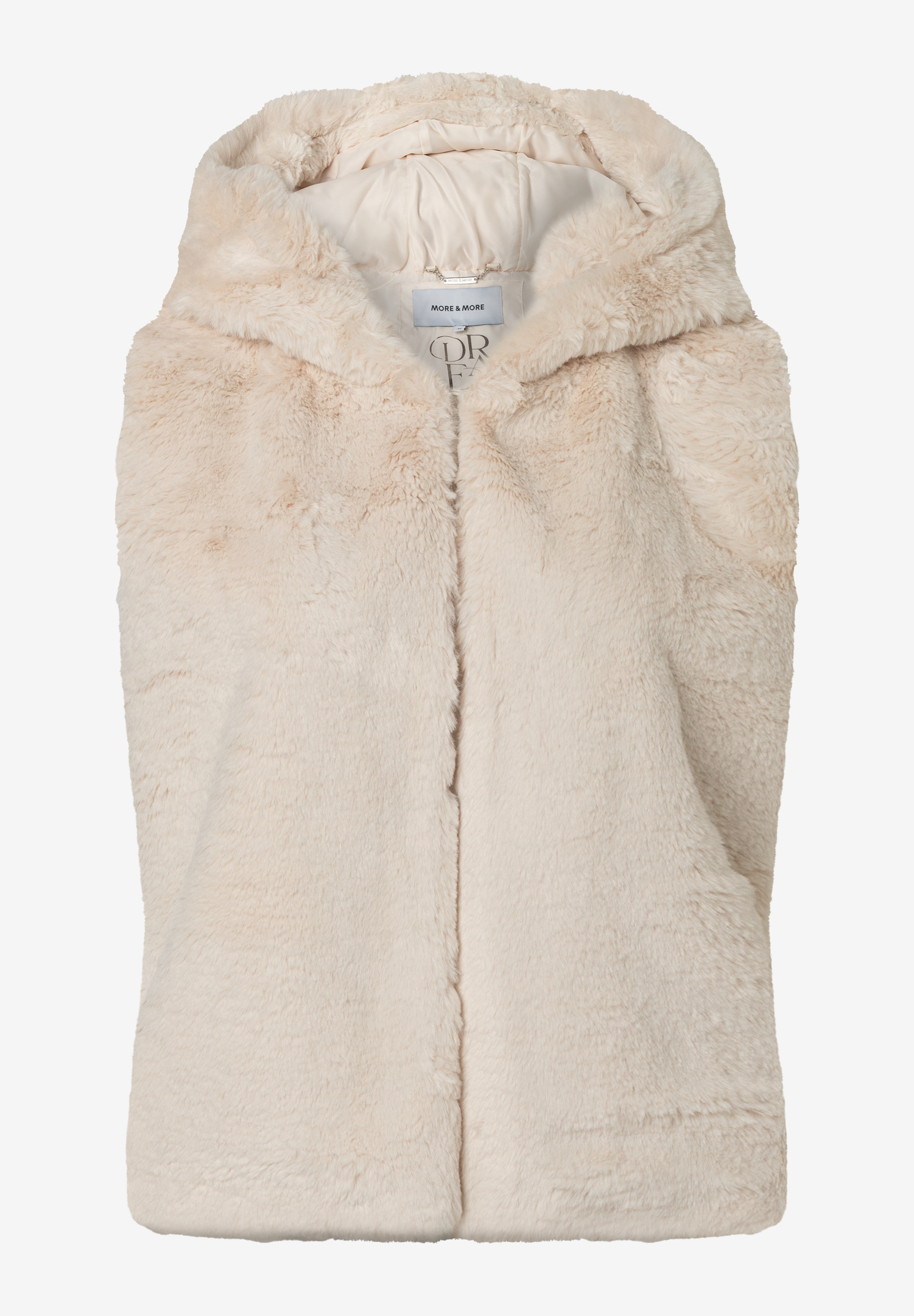 MORE & MORE Jacke aus beige-farbenem Kunstfell mit Kapuze, auf einem weißen Hintergrund. MORE & MORE Jacke aus beige-farbenem Kunstfell mit Kapuze, auf einem weißen Hintergrund.