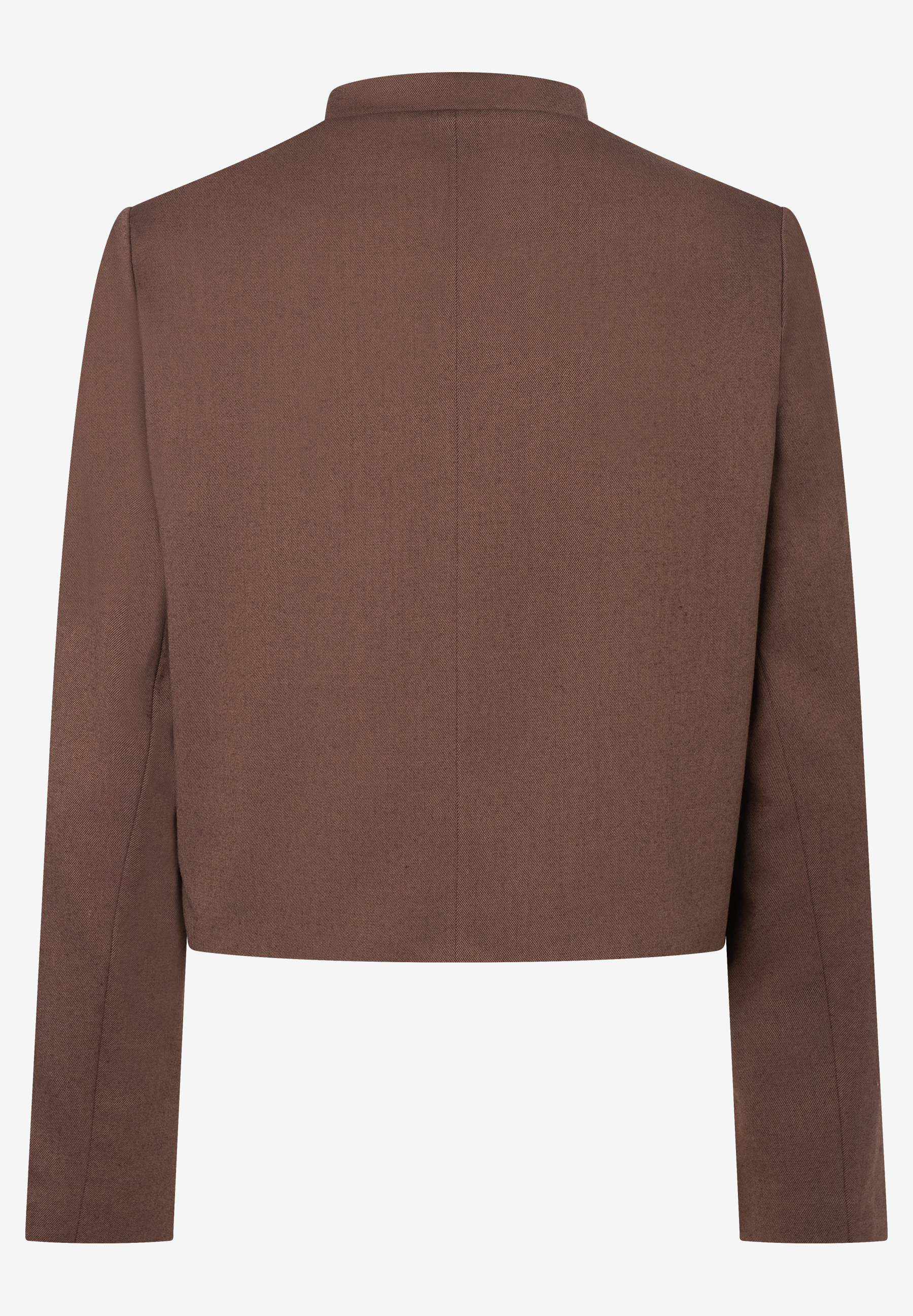 MORE & MORE Kurz-Blazer in Braun, hinten. Schmaler Stehkragen, lange Ärmel, Webware mit elastischem Tragekomfort.