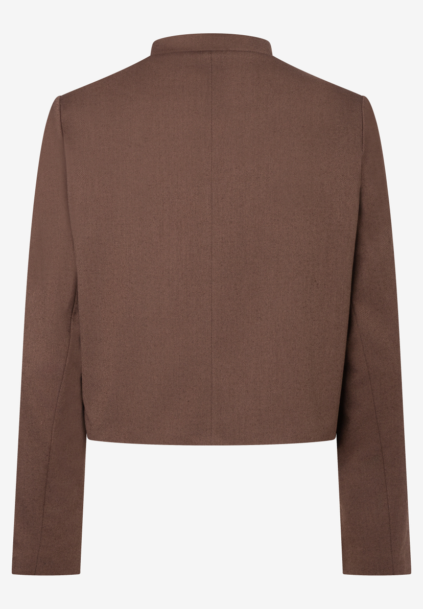 MORE & MORE Kurz-Blazer in Braun, hinten. Schmaler Stehkragen, lange Ärmel, Webware mit elastischem Tragekomfort.