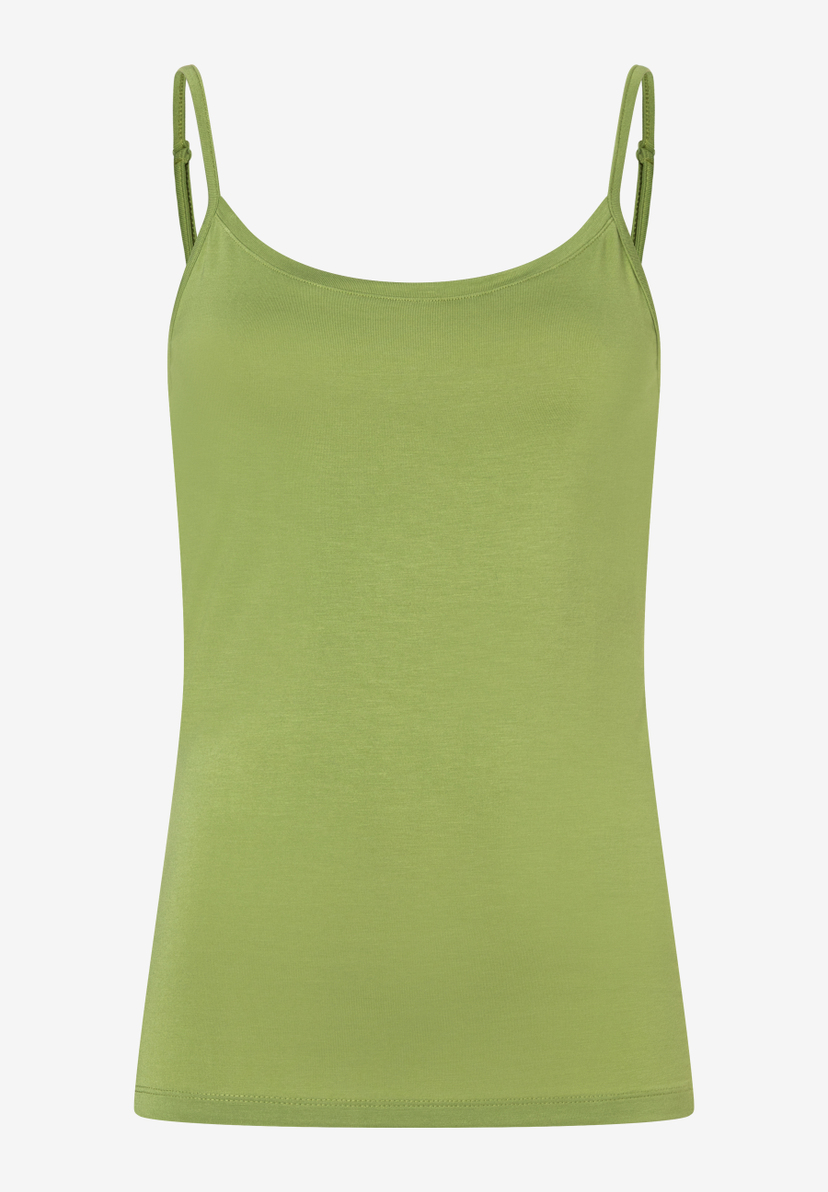 Ein grünes MORE & MORE Jersey-Top mit Spaghetti-Trägern. Ein grünes MORE & MORE Jersey-Top mit Spaghetti-Trägern.