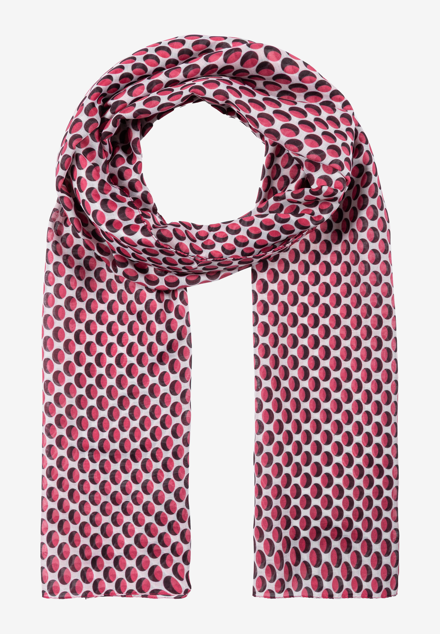 Ein Accessoire von MORE & MORE: Schal mit grafischem Punktmuster in Rot- und Schwarztönen auf weißem Grund. Ein Accessoire von MORE & MORE: Schal mit grafischem Punktmuster in Rot- und Schwarztönen auf weißem Grund.