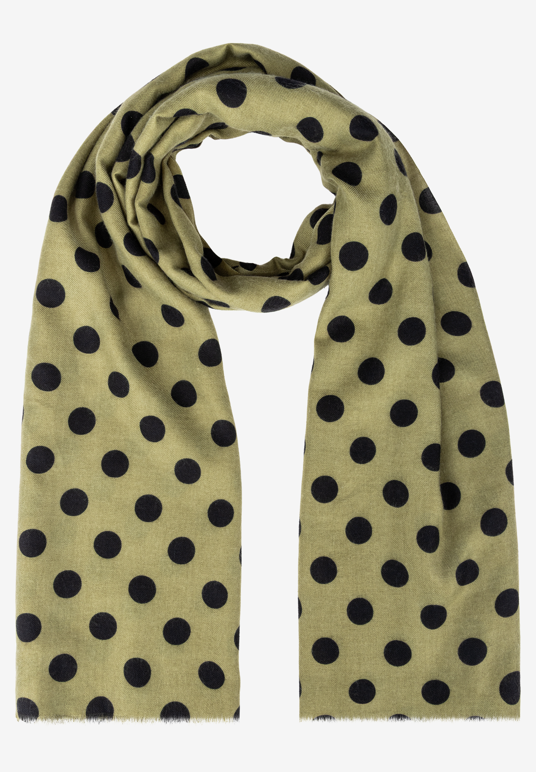 MORE & MORE Accessoire: Khakifarbener Schal mit schwarzen Punkten, elegant drapiert. Fransen am unteren Rand. MORE & MORE Accessoire: Khakifarbener Schal mit schwarzen Punkten, elegant drapiert. Fransen am unteren Rand.