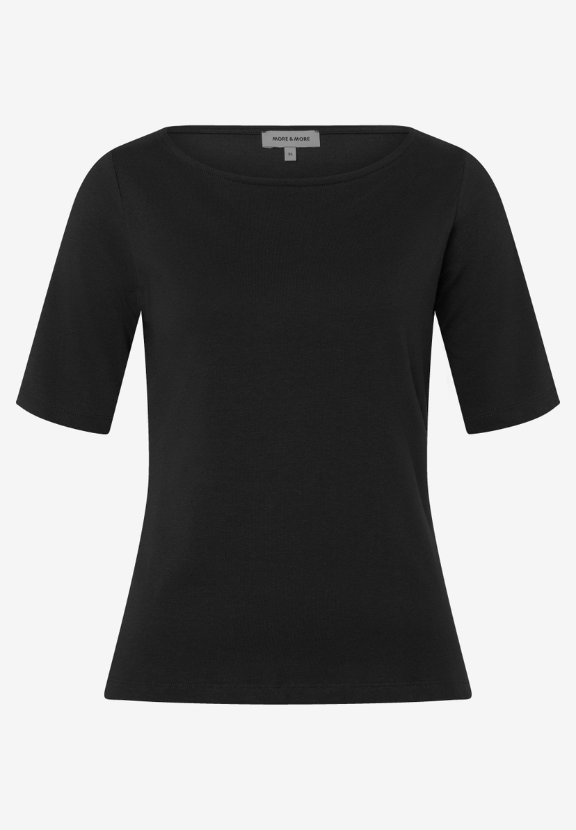 Ein schwarzes MORE & MORE Jersey-Top mit kurzen Ärmeln. Ein schwarzes MORE & MORE Jersey-Top mit kurzen Ärmeln.
