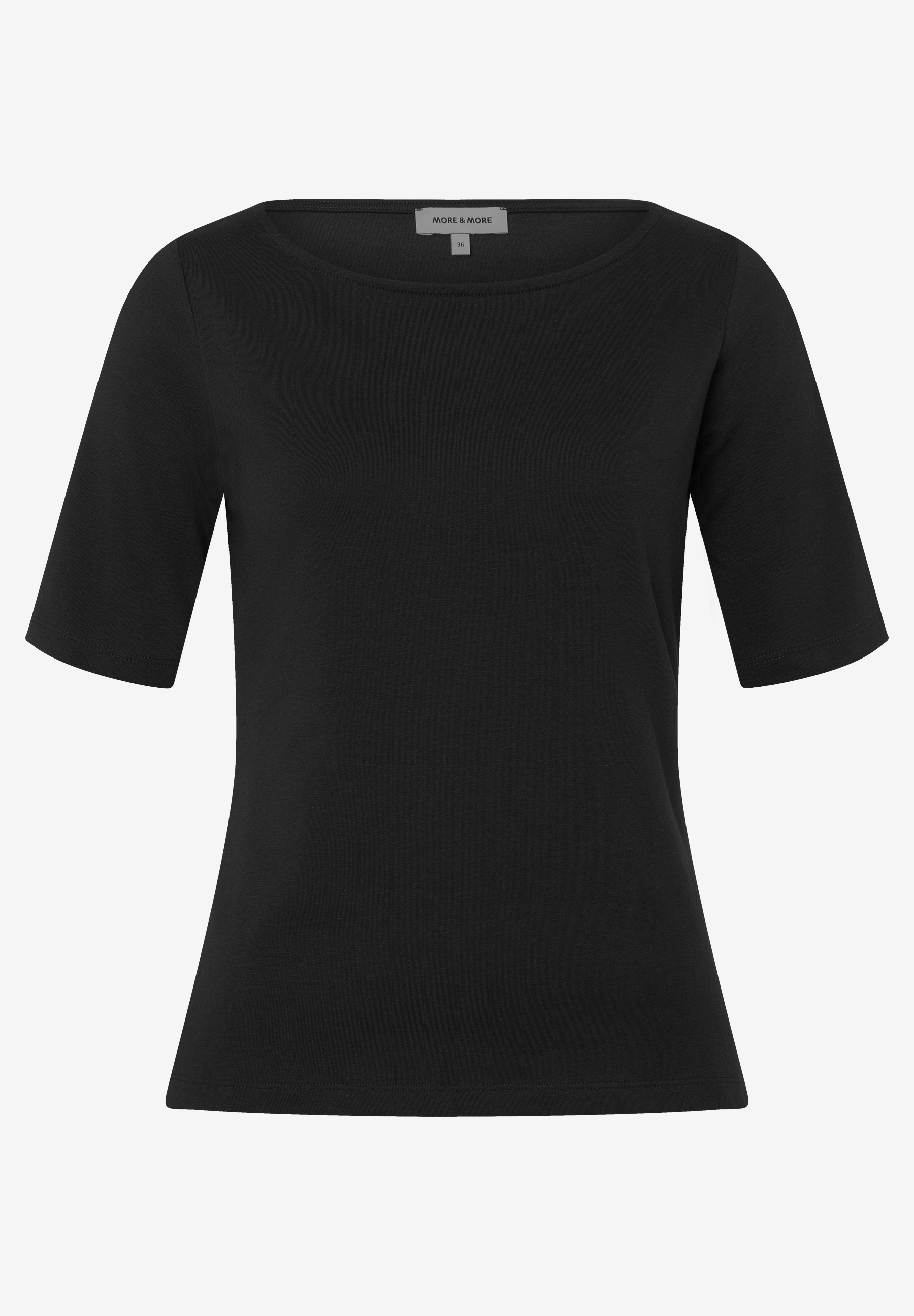 Ein schwarzes MORE & MORE Jersey-Top mit kurzen Ärmeln. Ein schwarzes MORE & MORE Jersey-Top mit kurzen Ärmeln.