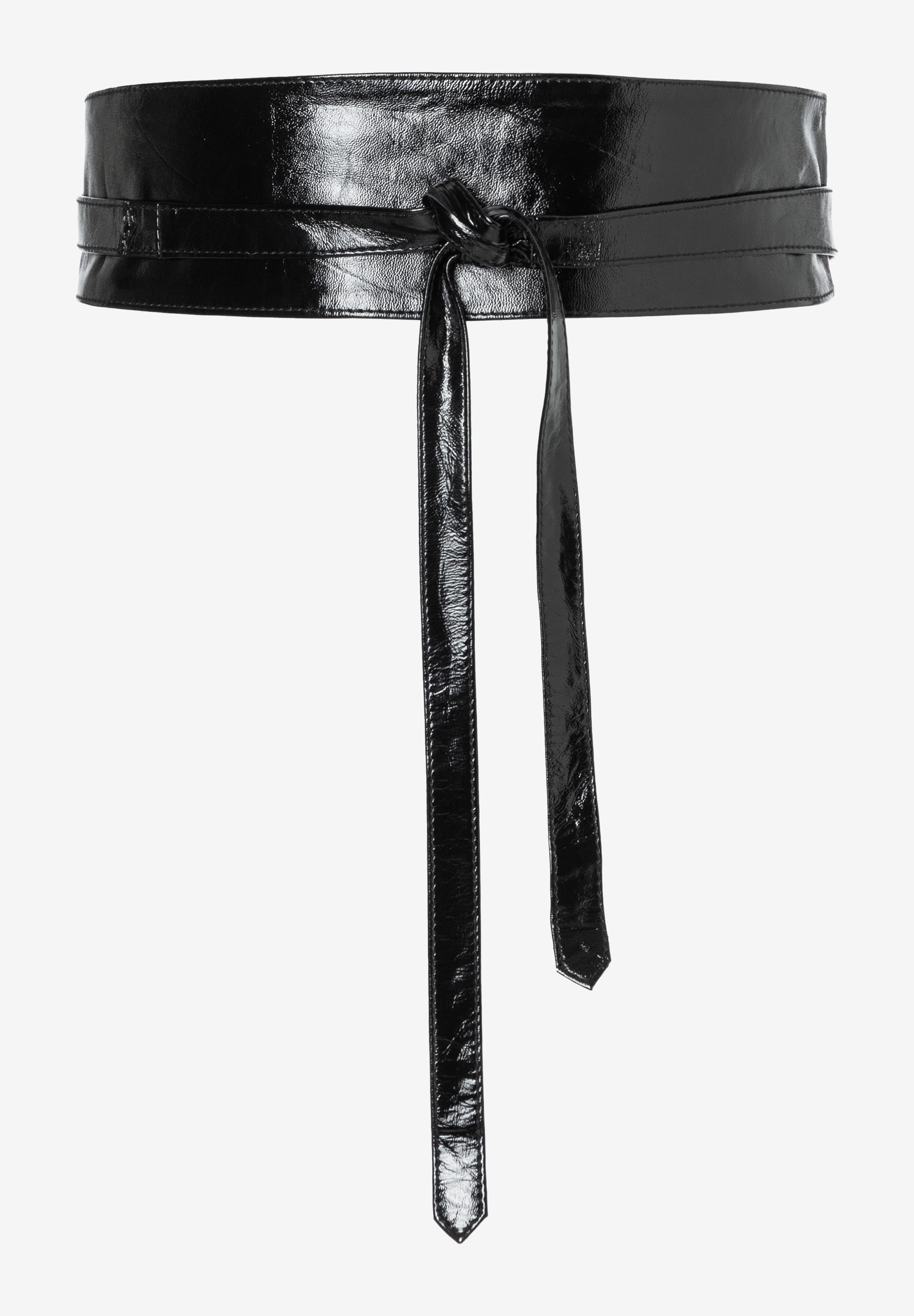Glänzender, breiter schwarzer MORE & MORE Gürtel mit langen, schmalen Bändern zum Knoten.