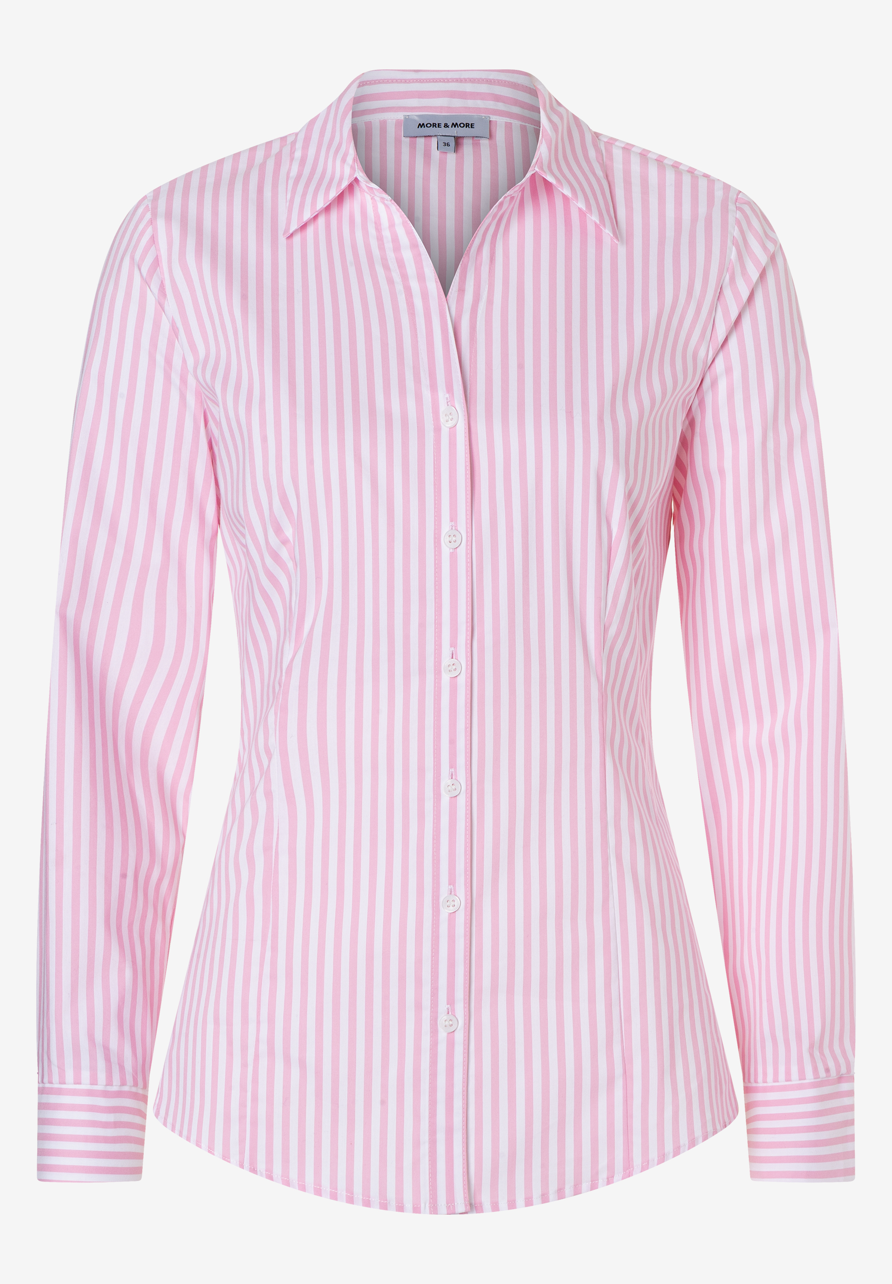 Eine MORE & MORE Bluse mit rosa-weißen Streifen und Knöpfen. Eine MORE & MORE Bluse mit rosa-weißen Streifen und Knöpfen.