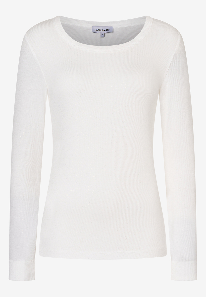 Ein geripptes, weißes, langärmeliges Oberteil von MORE & MORE mit Rundhalsausschnitt. Ein geripptes, weißes, langärmeliges Oberteil von MORE & MORE mit Rundhalsausschnitt.