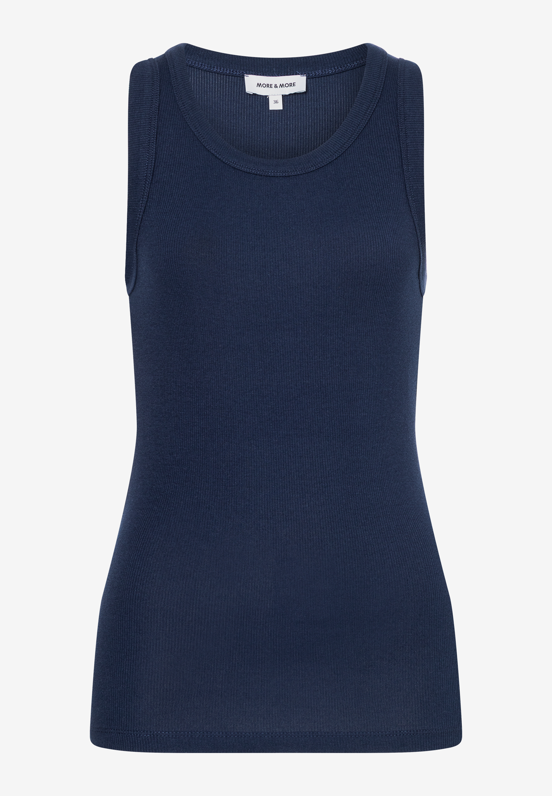 Ein dunkelblaues, geripptes Tanktop von MORE & MORE mit Rundhalsausschnitt vor einem weißen Hintergrund. Ein dunkelblaues, geripptes Tanktop von MORE & MORE mit Rundhalsausschnitt vor einem weißen Hintergrund.
