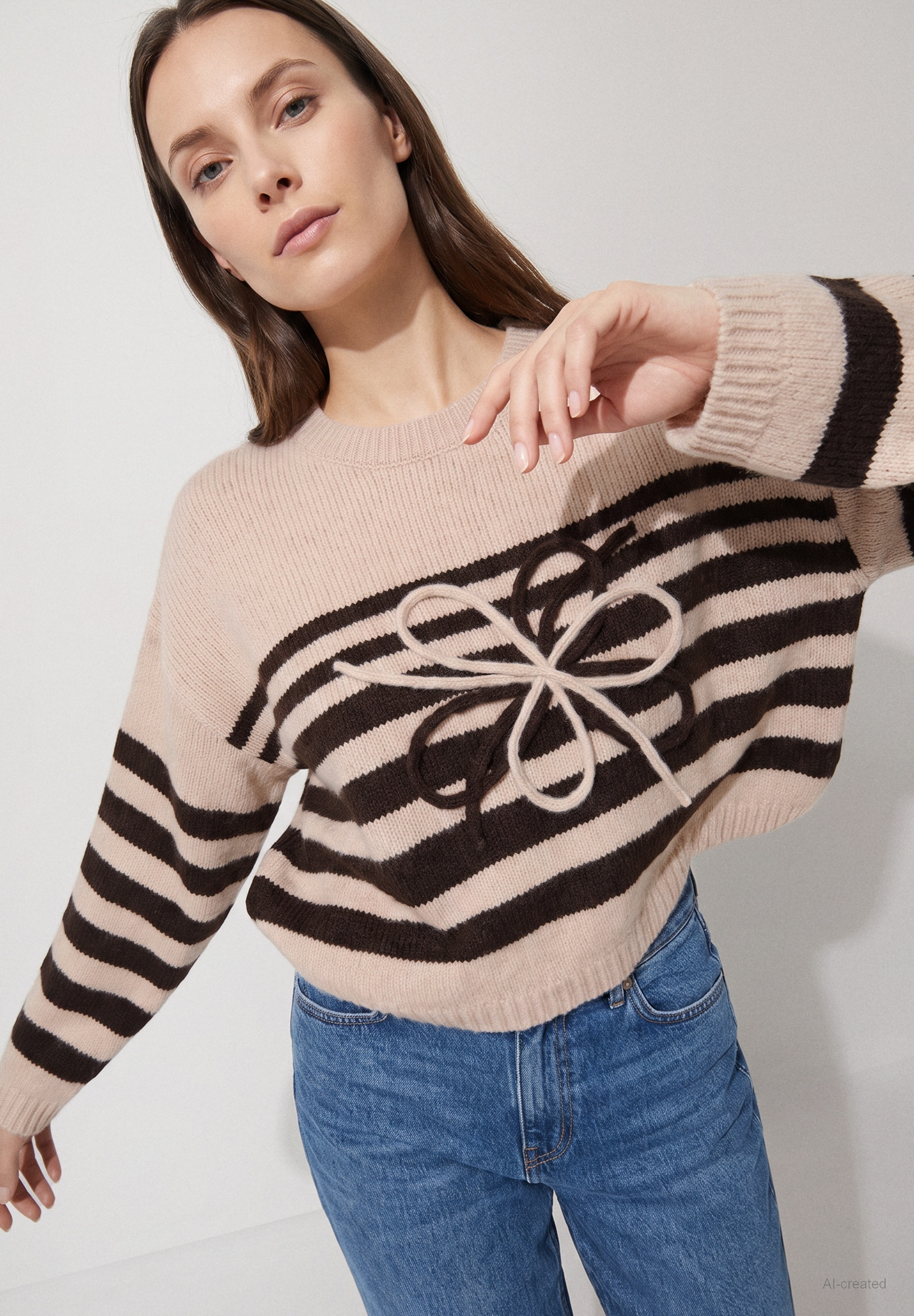 MORE & MORE Pullover: Eine Frau trägt einen beigefarbenen Pullover mit braunen Streifen und einer Schleife.