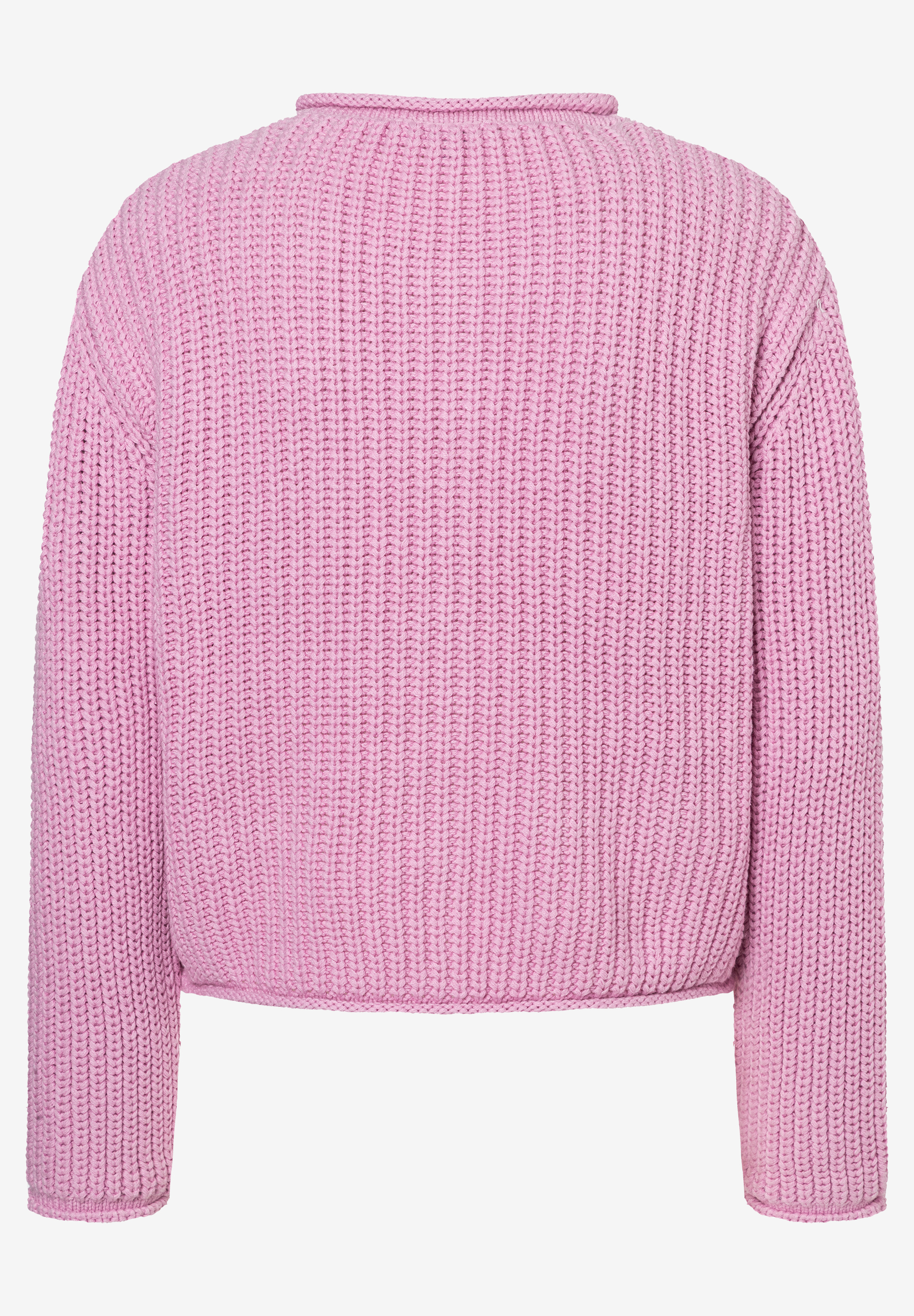 Rückansicht eines rosa Rippstrick-Pullovers von MORE & MORE. Bequemer, elastischer Stoff. Rückansicht eines rosa Rippstrick-Pullovers von MORE & MORE. Bequemer, elastischer Stoff.