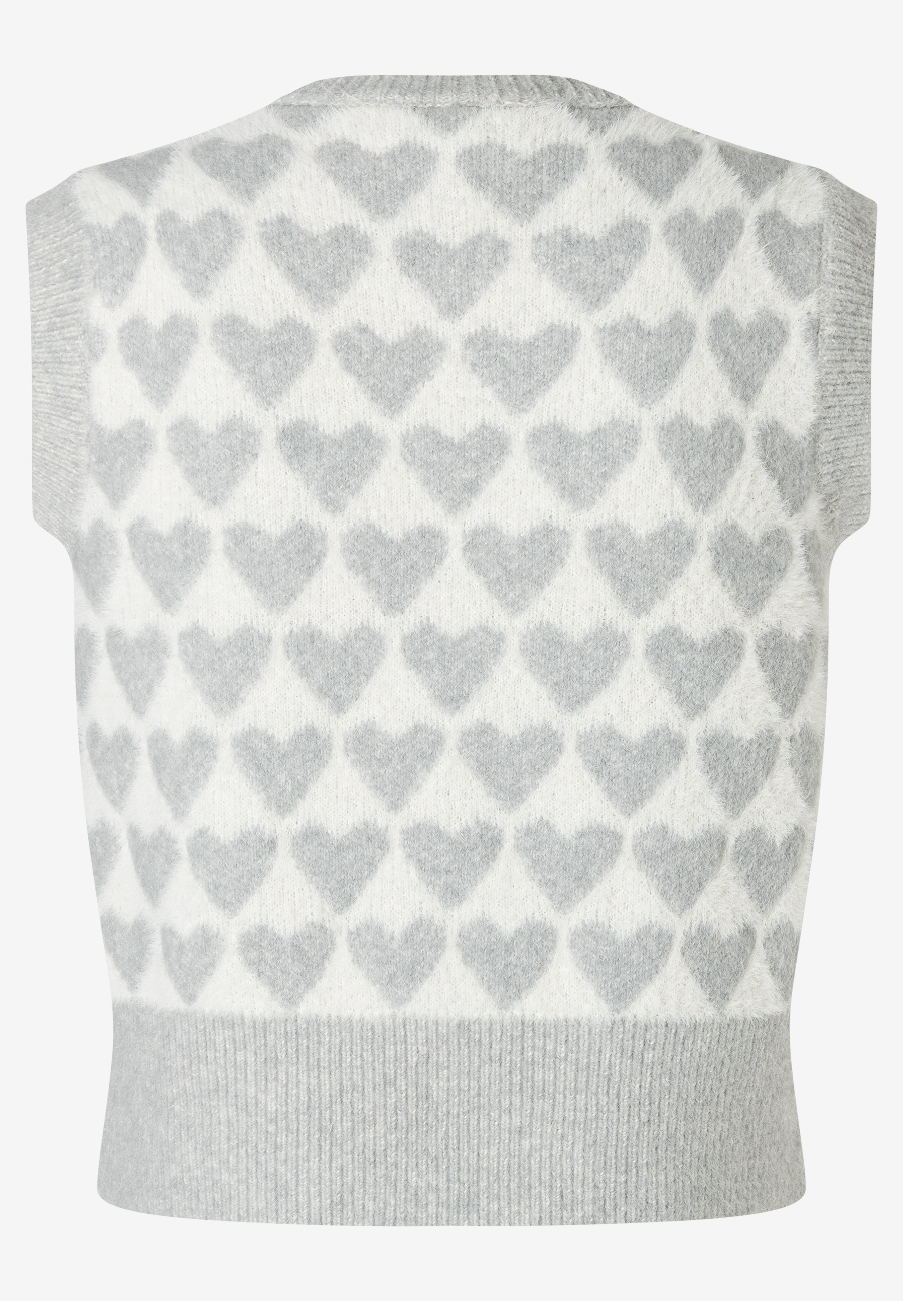 MORE & MORE Strickpullover in Weiß-Grau mit Herzchenmuster, geripptem Saum und Ärmeln.