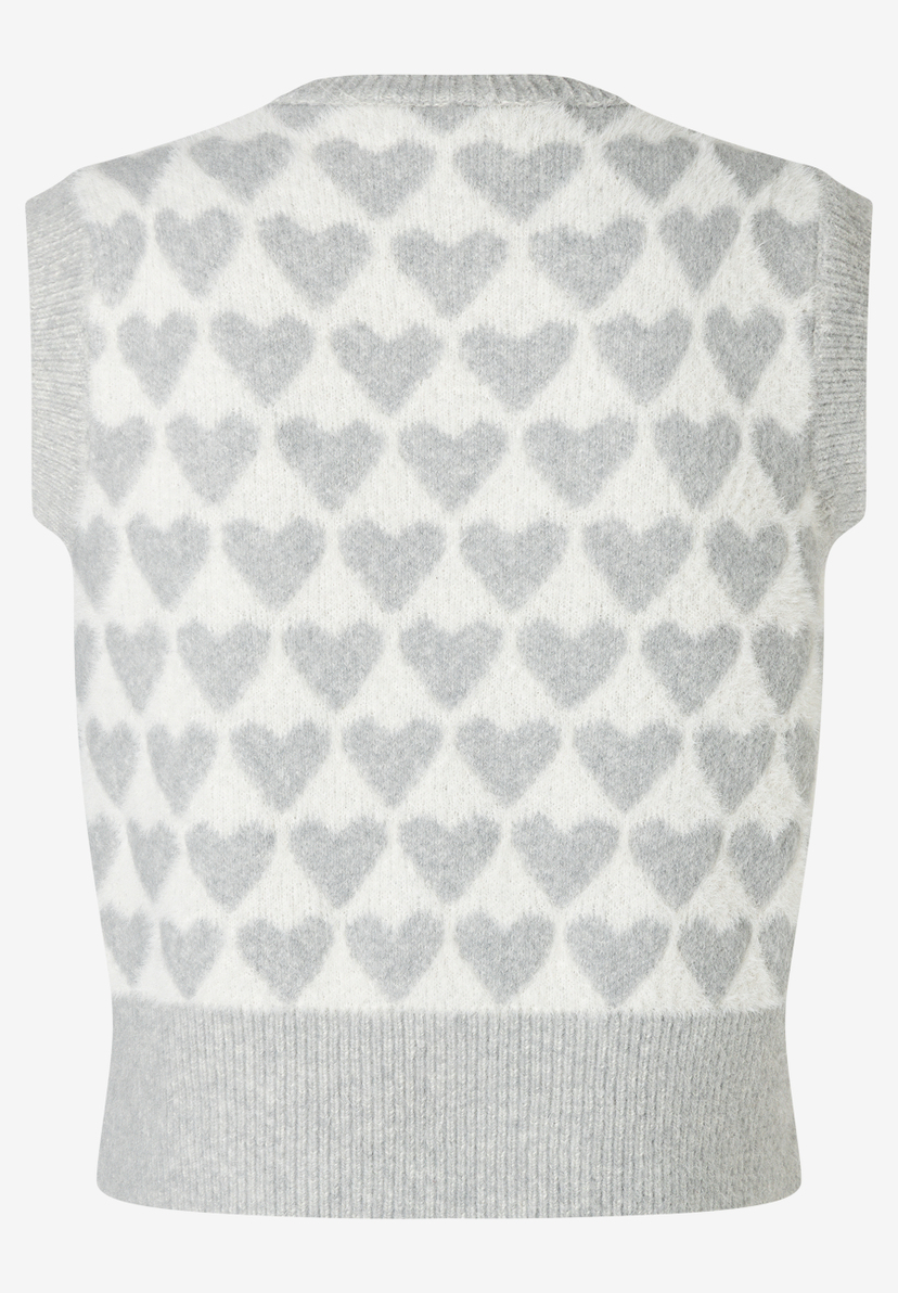 MORE & MORE Strickpullover in Weiß-Grau mit Herzchenmuster, geripptem Saum und Ärmeln. MORE & MORE Strickpullover in Weiß-Grau mit Herzchenmuster, geripptem Saum und Ärmeln.