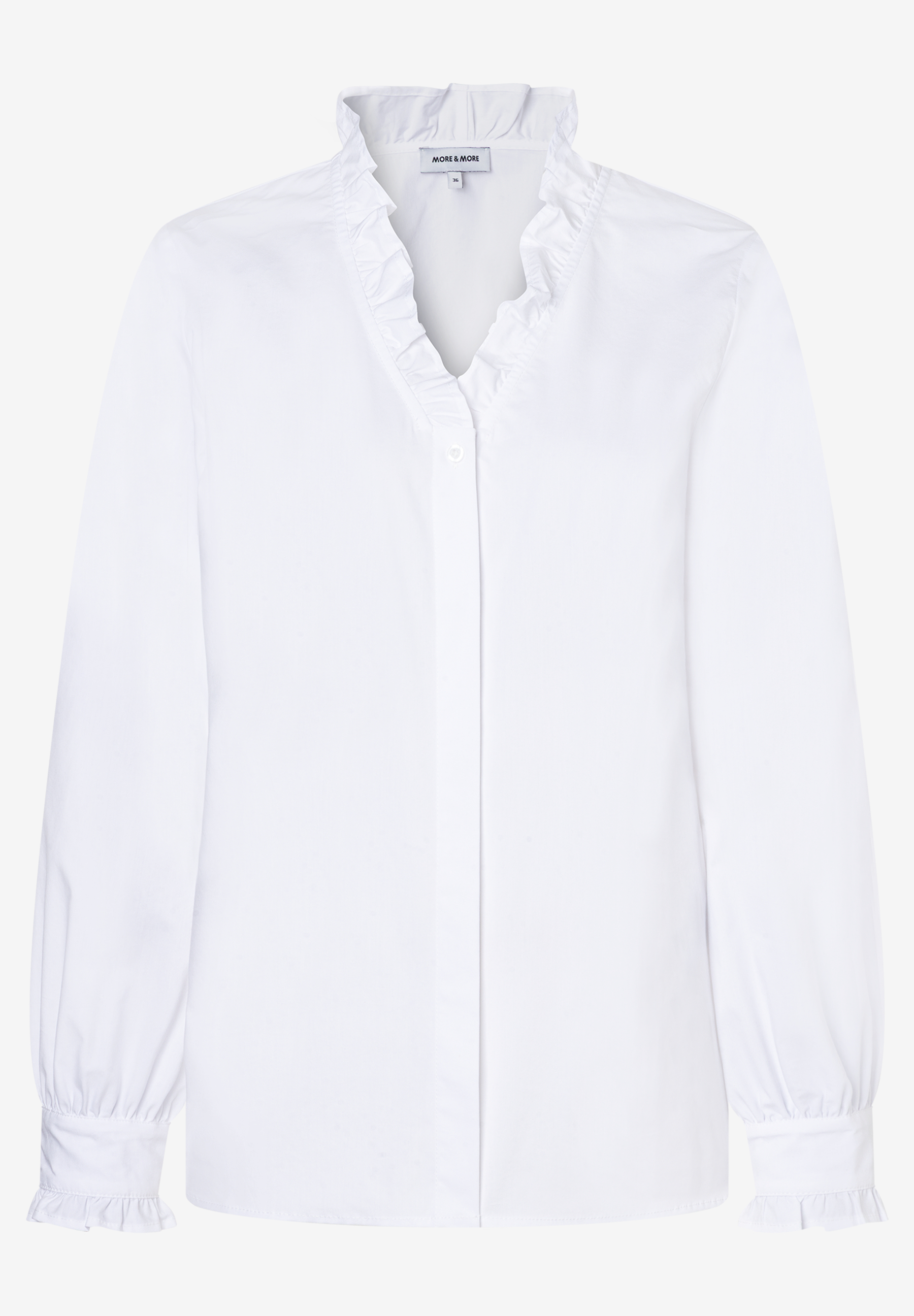 Ein MORE & MORE Bluse mit Rüschen am Kragen und Ärmeln. Ein MORE & MORE Bluse mit Rüschen am Kragen und Ärmeln.