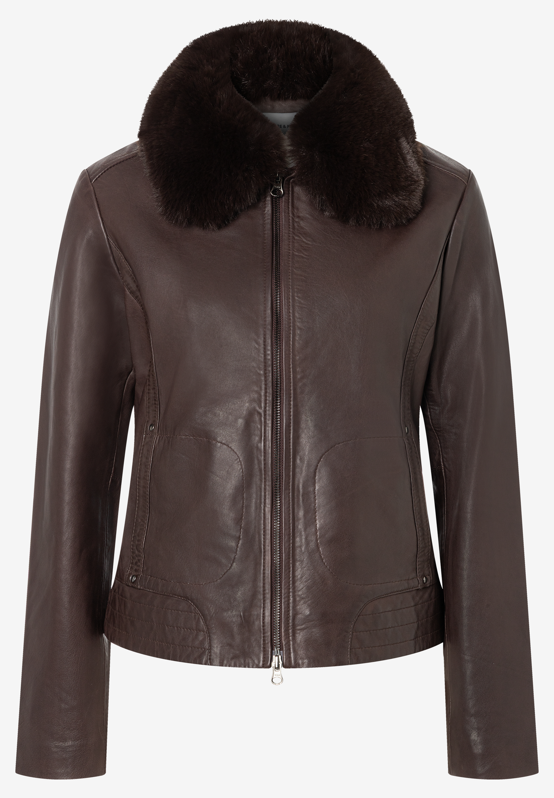 MORE & MORE Damen-Jacke aus dunkelbraunem Leder, mit braunem Fellkragen, silbernem Reißverschluss und Fronttaschen.