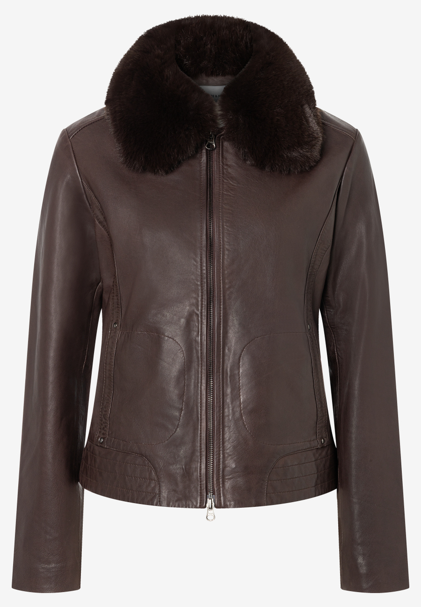 MORE & MORE Damen-Jacke aus dunkelbraunem Leder, mit braunem Fellkragen, silbernem Reißverschluss und Fronttaschen.