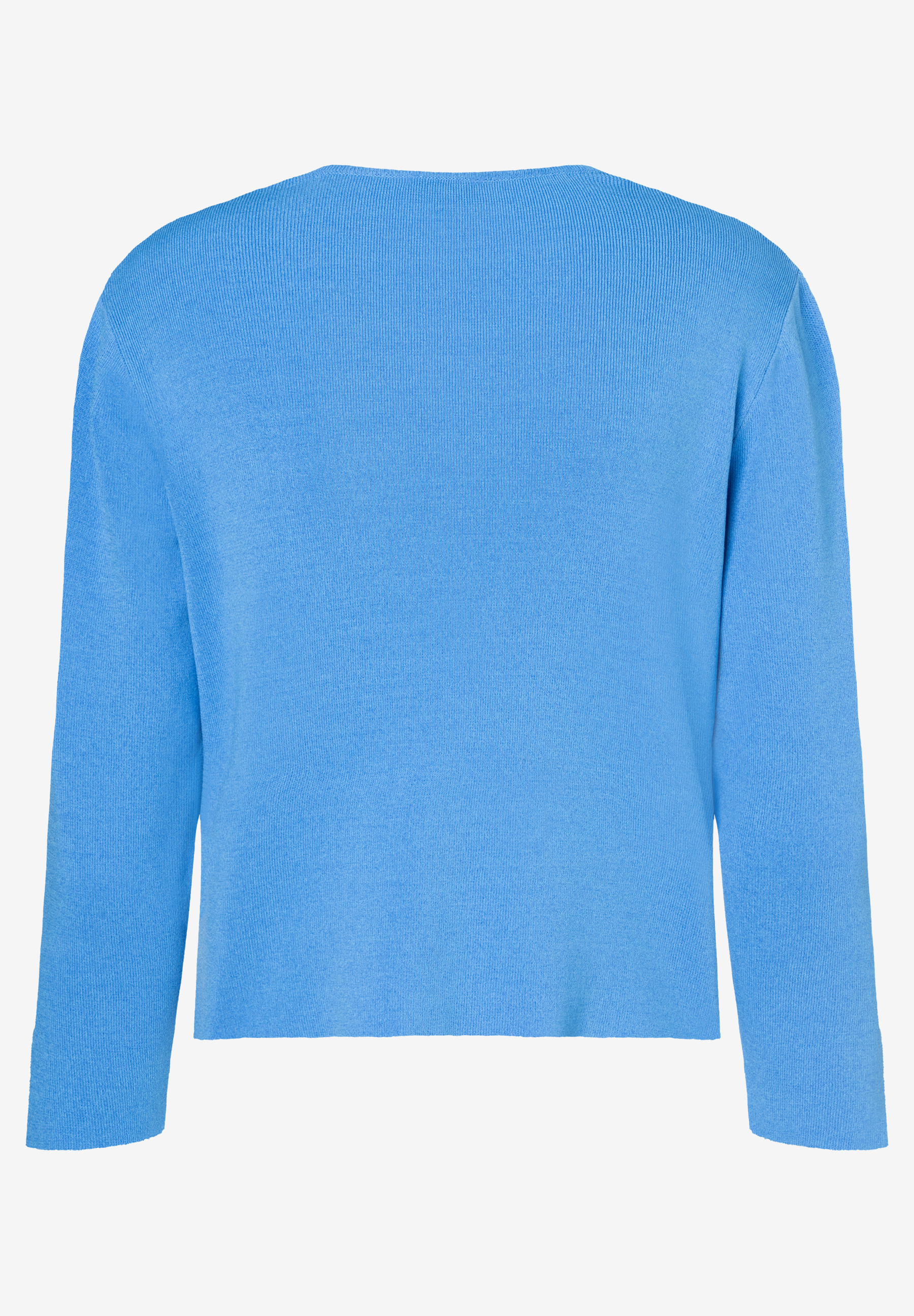 Ein hellblauer MORE & MORE Strickpullover mit langen Ärmeln, flach liegend.