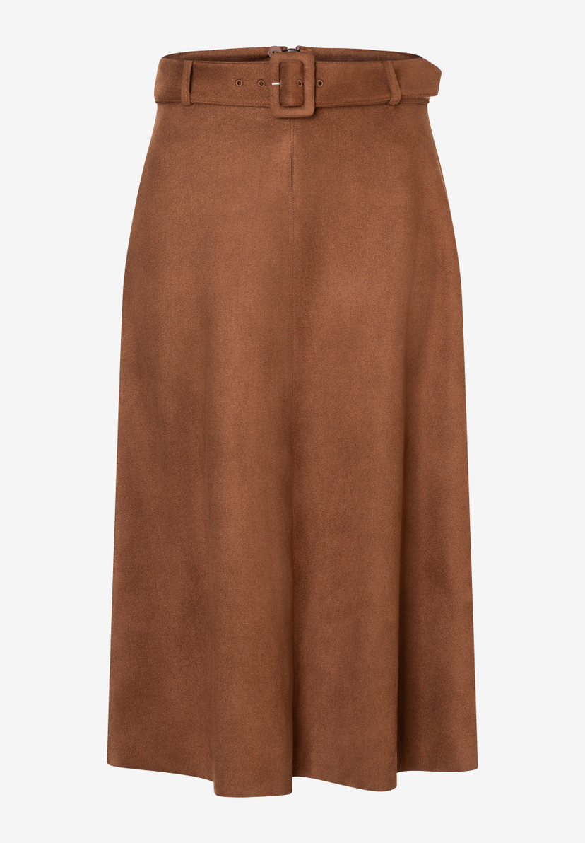 Ein MORE & MORE Rock in Braun, knielang, mit Gürtel und Schnalle. Ein MORE & MORE Rock in Braun, knielang, mit Gürtel und Schnalle.