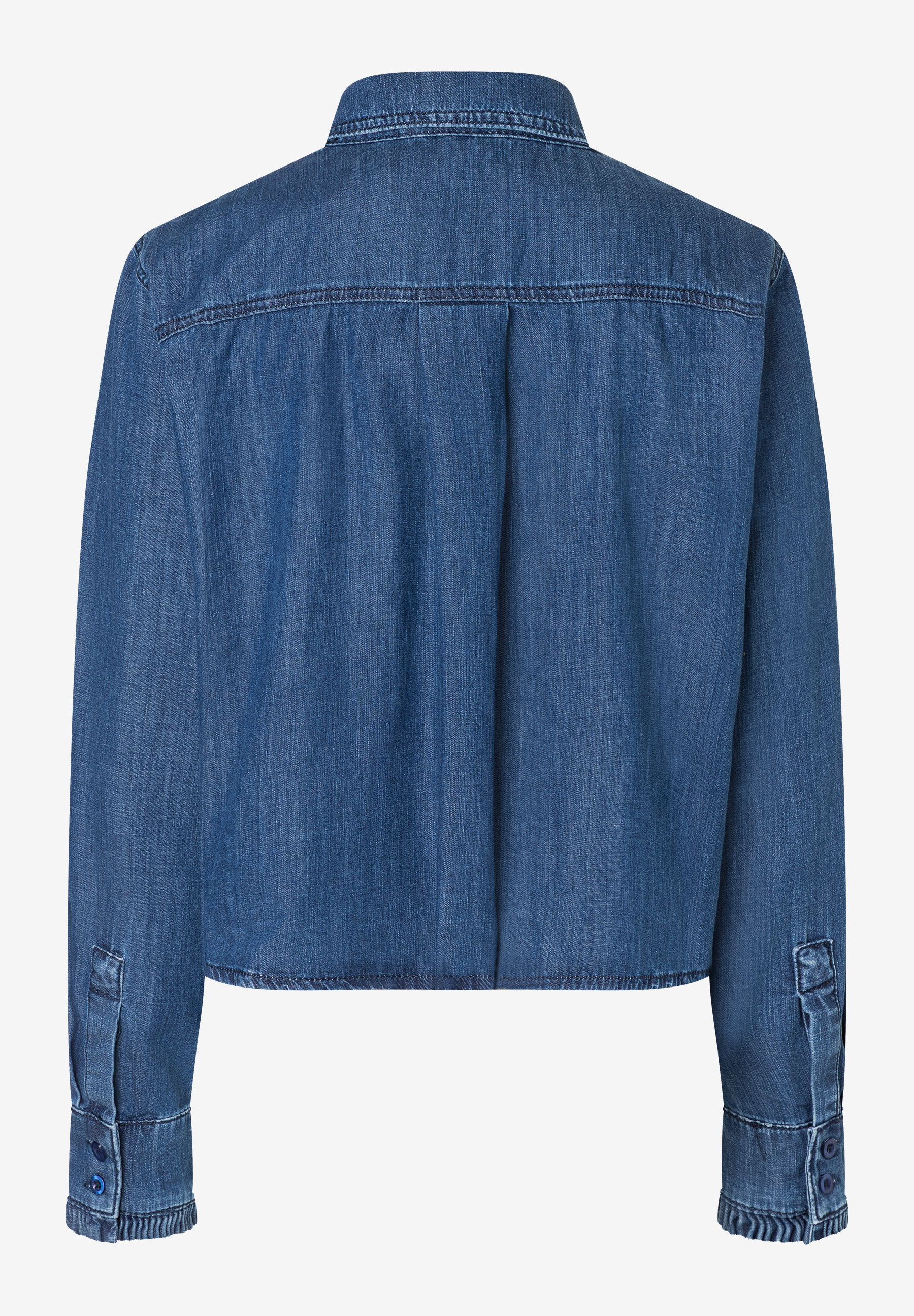 Rückenansicht der MORE & MORE Bluse aus Denim mit Knopfmanschetten. Rückenansicht der MORE & MORE Bluse aus Denim mit Knopfmanschetten.