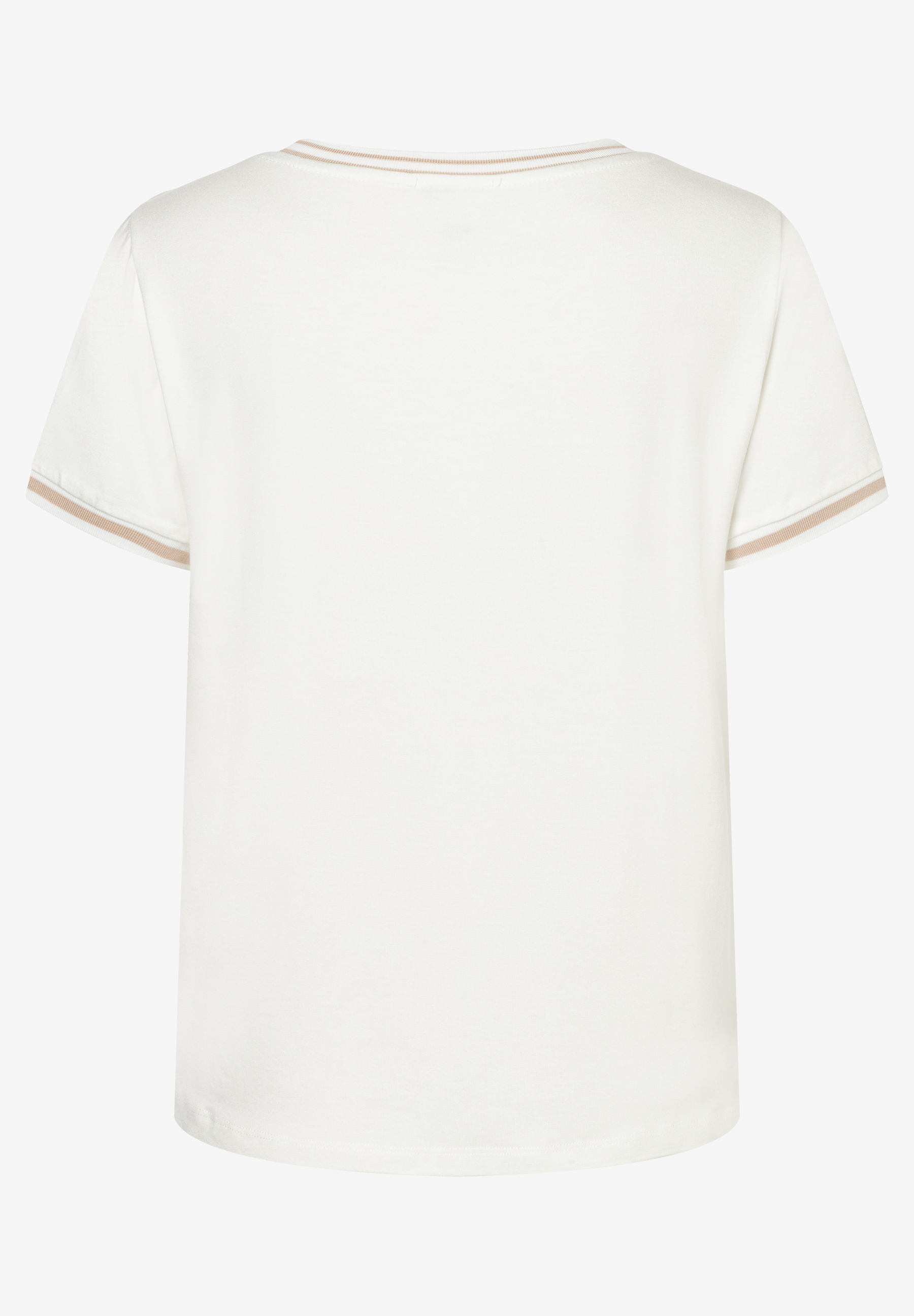 Ein cremefarbenes MORE & MORE T-Shirt mit Rundhalsausschnitt und kurzen Ärmeln. Bündchen mit Zierstreifen. Ein cremefarbenes MORE & MORE T-Shirt mit Rundhalsausschnitt und kurzen Ärmeln. Bündchen mit Zierstreifen.