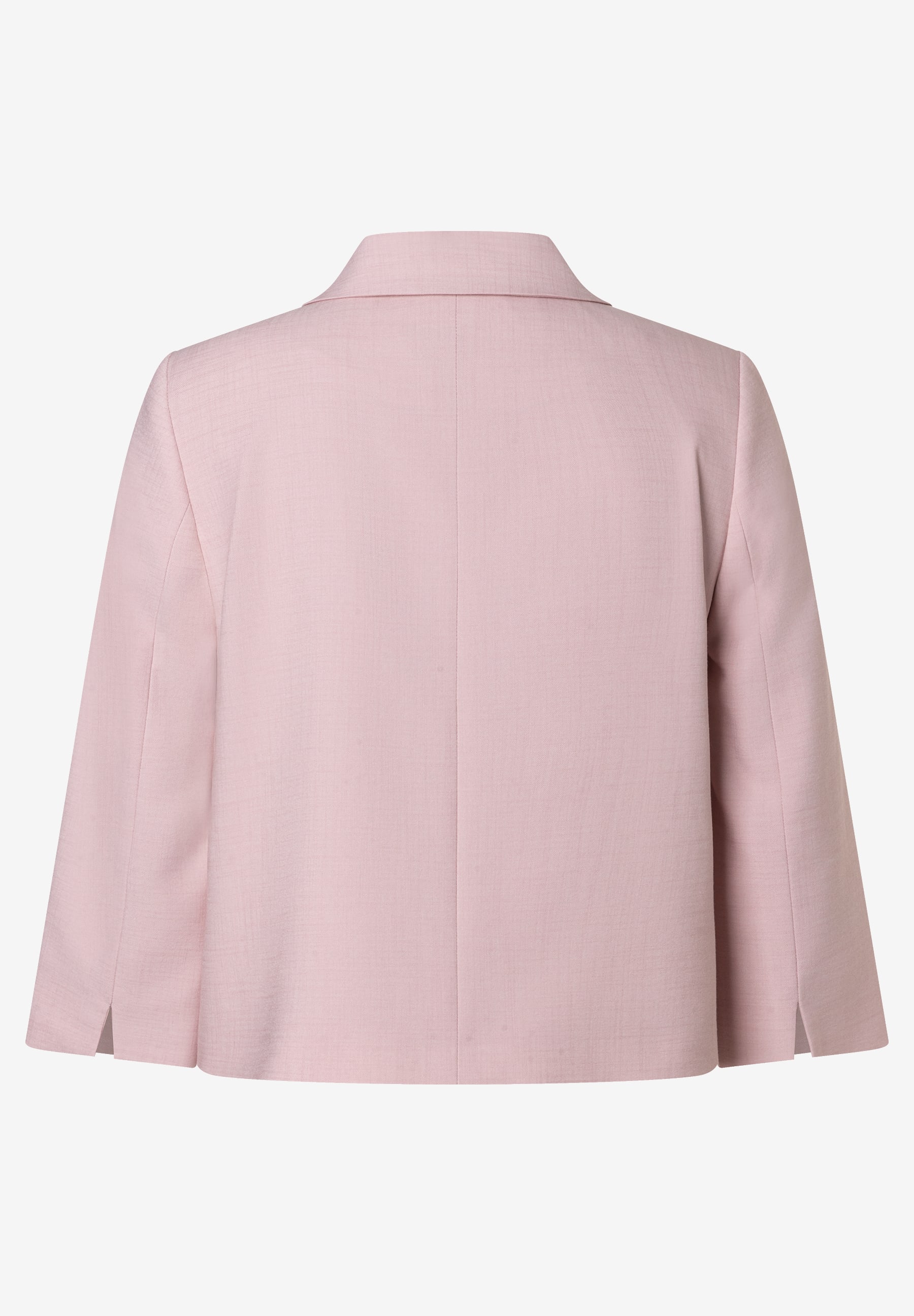 Rückenansicht eines rosafarbenen MORE & MORE Oberteils/Blazers mit Kragen und kurzen, weiten Ärmeln. Rückenansicht eines rosafarbenen MORE & MORE Oberteils/Blazers mit Kragen und kurzen, weiten Ärmeln.