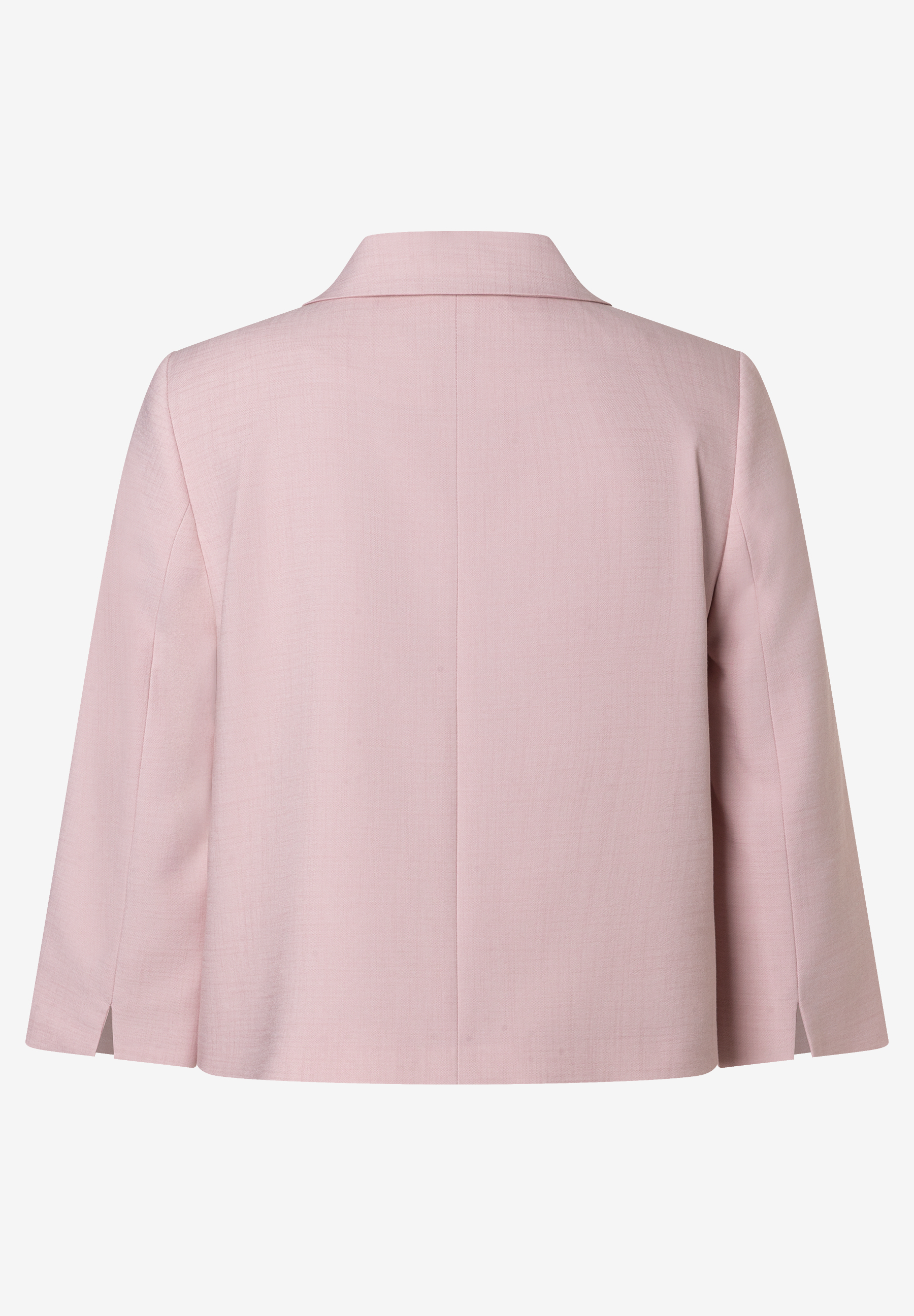Rückenansicht eines rosafarbenen MORE & MORE Oberteils/Blazers mit Kragen und kurzen, weiten Ärmeln. Rückenansicht eines rosafarbenen MORE & MORE Oberteils/Blazers mit Kragen und kurzen, weiten Ärmeln.