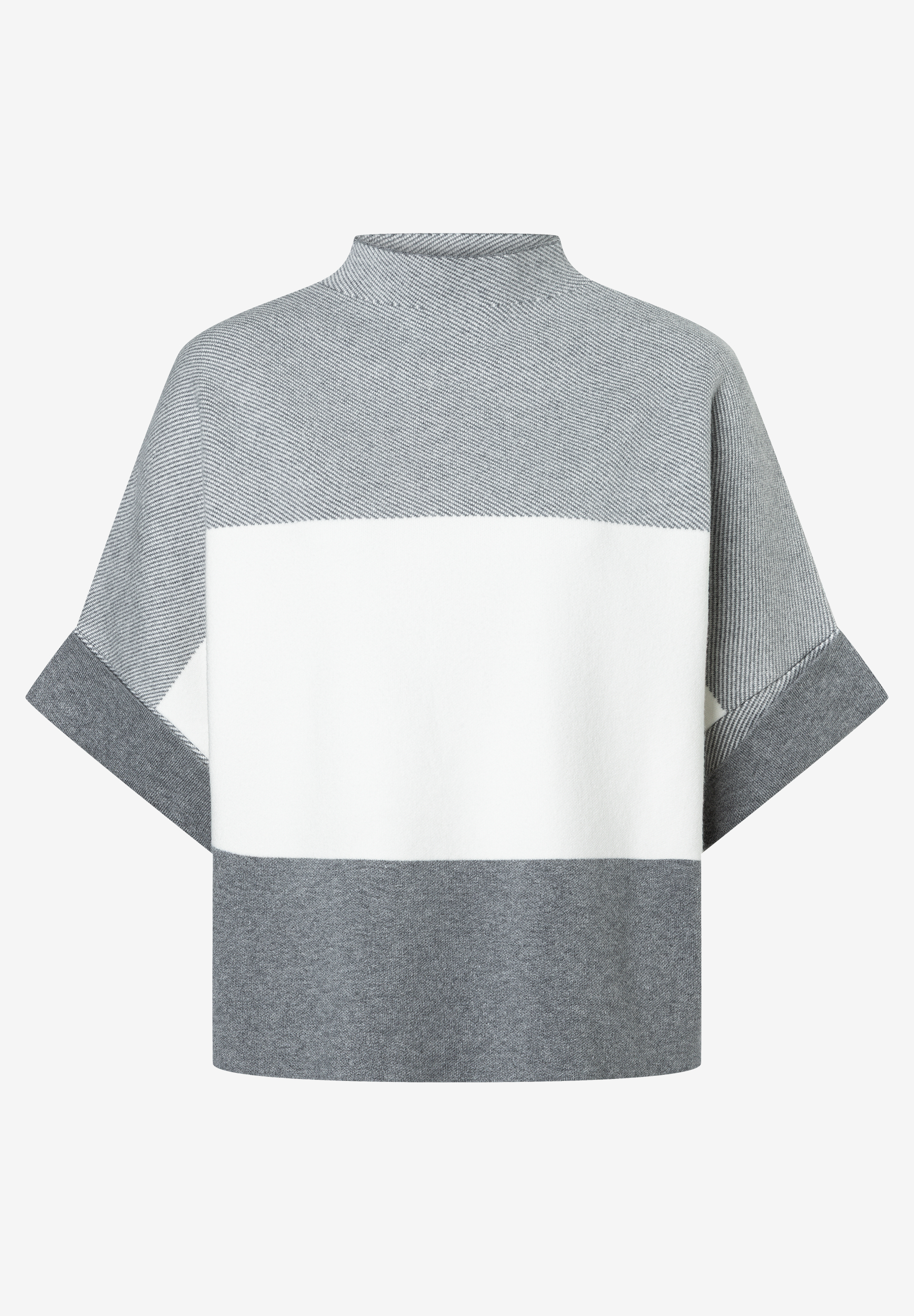 MORE & MORE Oberteil: Grauer, gestreifter Pullover mit Stehkragen & kurzen Ärmeln. Ein weißer Streifen verläuft horizontal in der Mitte. MORE & MORE Oberteil: Grauer, gestreifter Pullover mit Stehkragen & kurzen Ärmeln. Ein weißer Streifen verläuft horizontal in der Mitte.