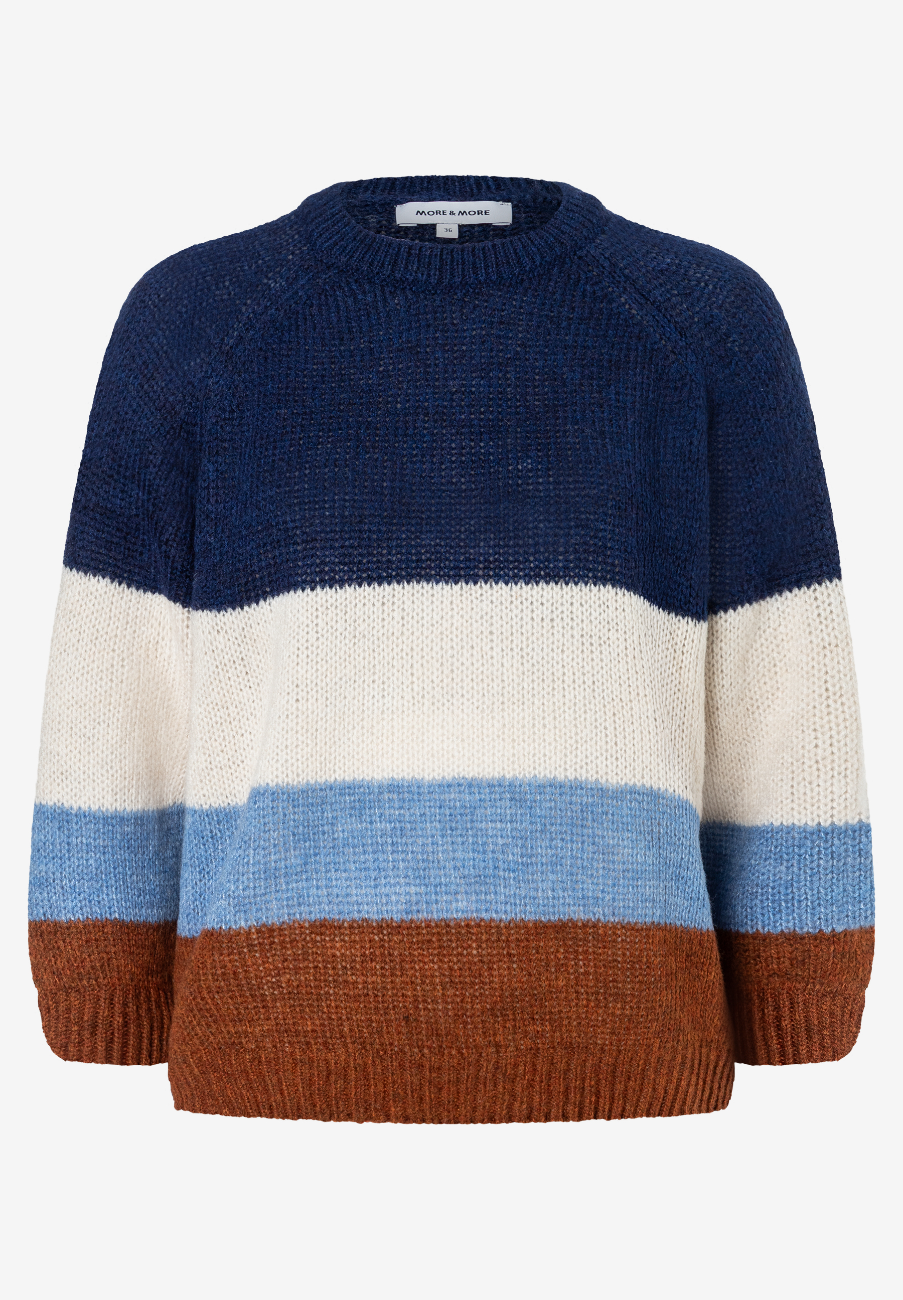 MORE & MORE Damen Pullover in Dunkelblau, Creme, Hellblau und Braun. Grobstrick mit Raglanärmeln und Rundhalsausschnitt. MORE & MORE Damen Pullover in Dunkelblau, Creme, Hellblau und Braun. Grobstrick mit Raglanärmeln und Rundhalsausschnitt.