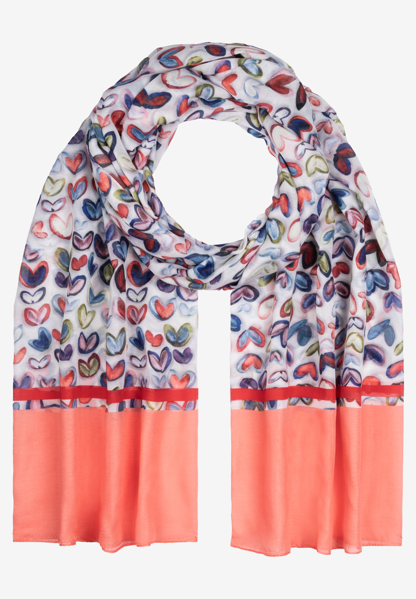 Ein MORE & MORE Accessoire: Schal mit bunten Herzchen und korallfarbenen Enden. Ein MORE & MORE Accessoire: Schal mit bunten Herzchen und korallfarbenen Enden.